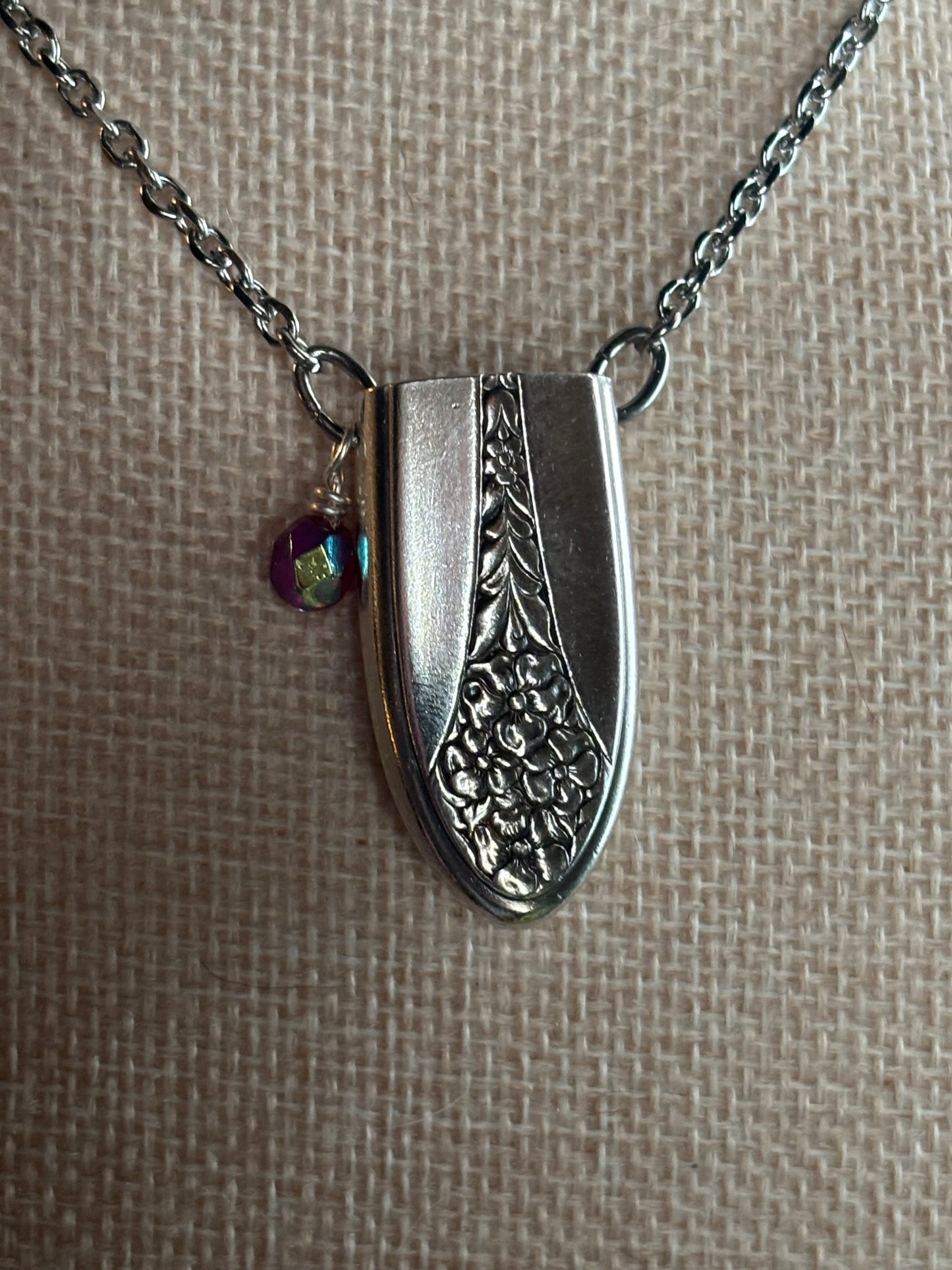 Up-Cycled Vintage Silverware Essential Oil Diffuser Pendant with Red Crystal