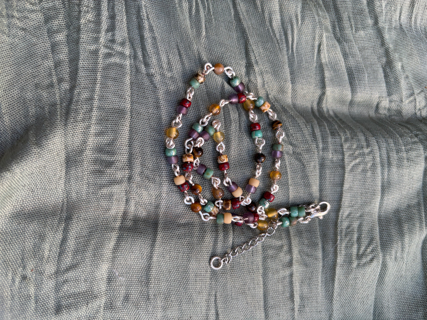 Semi-Precious Tigereye-Agate & Glass Bead Silver Chain Necklace-Choker