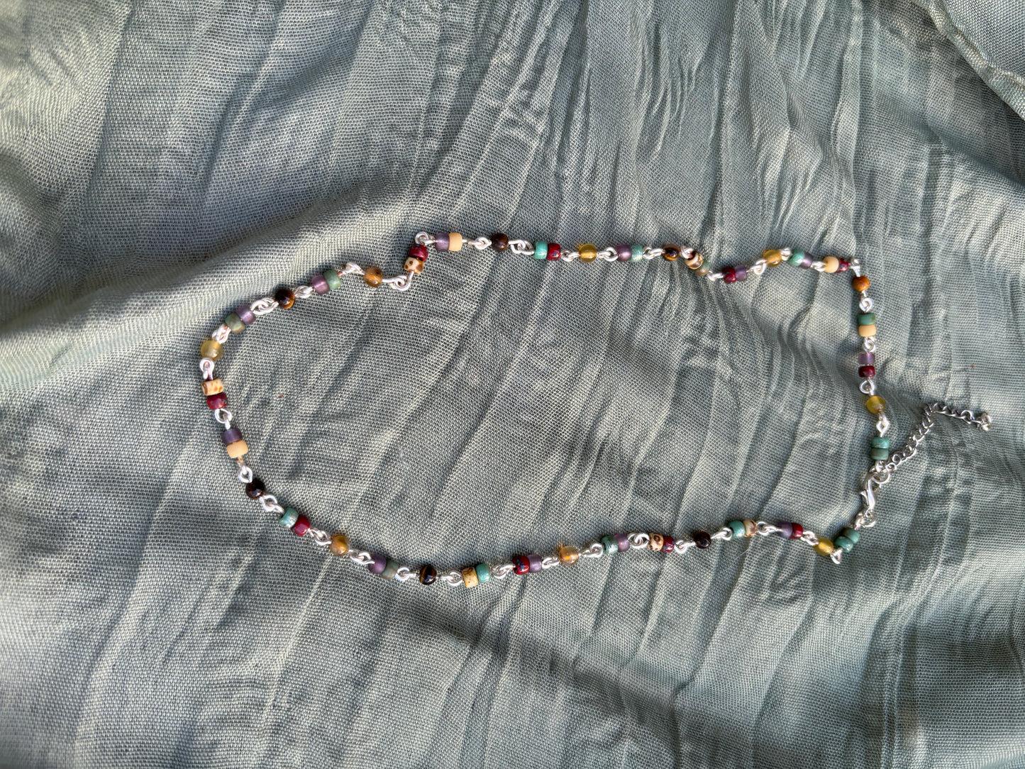 Semi-Precious Tigereye-Agate & Glass Bead Silver Chain Necklace-Choker