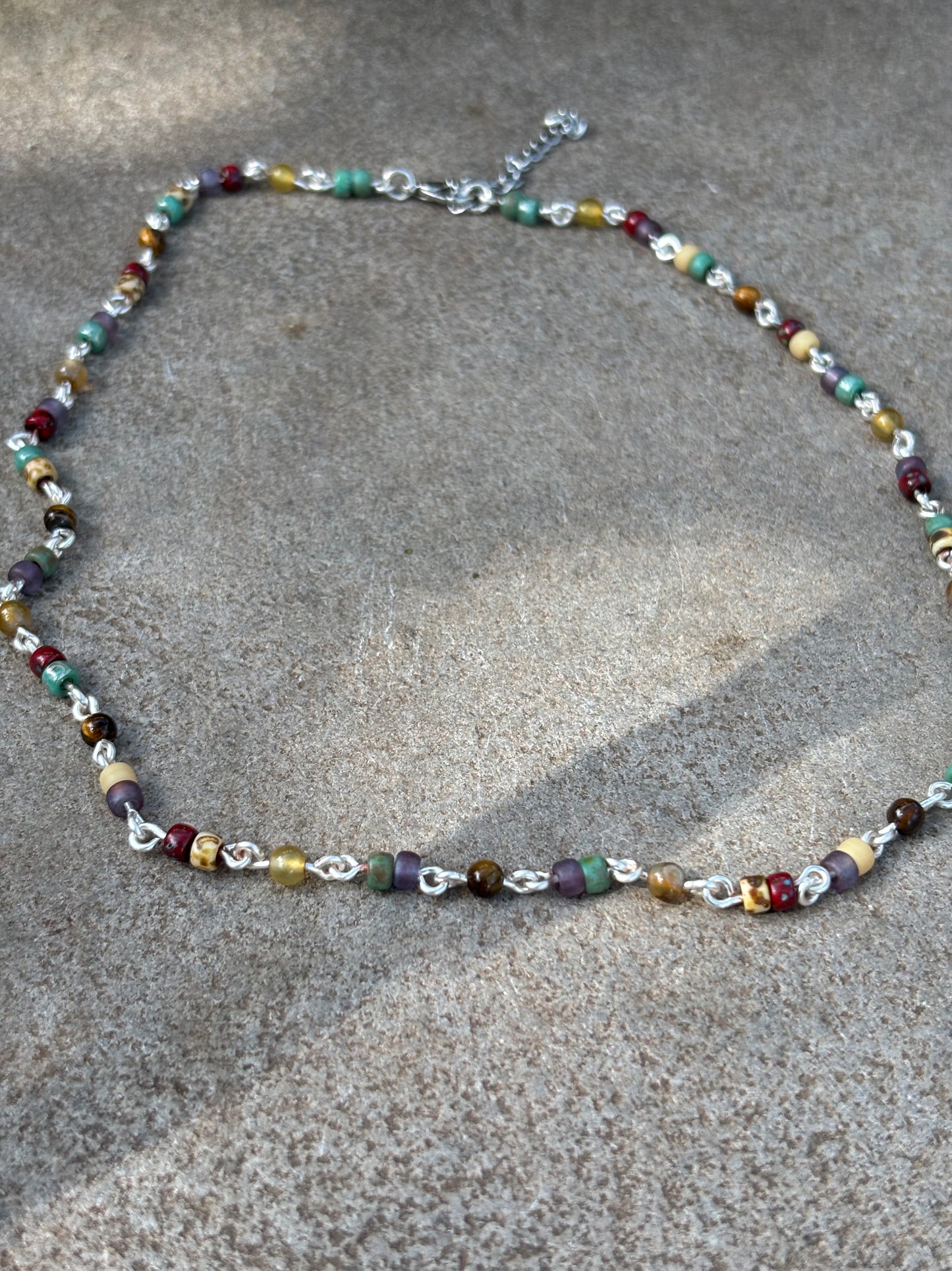 Semi-Precious Tigereye-Agate & Glass Bead Silver Chain Necklace-Choker