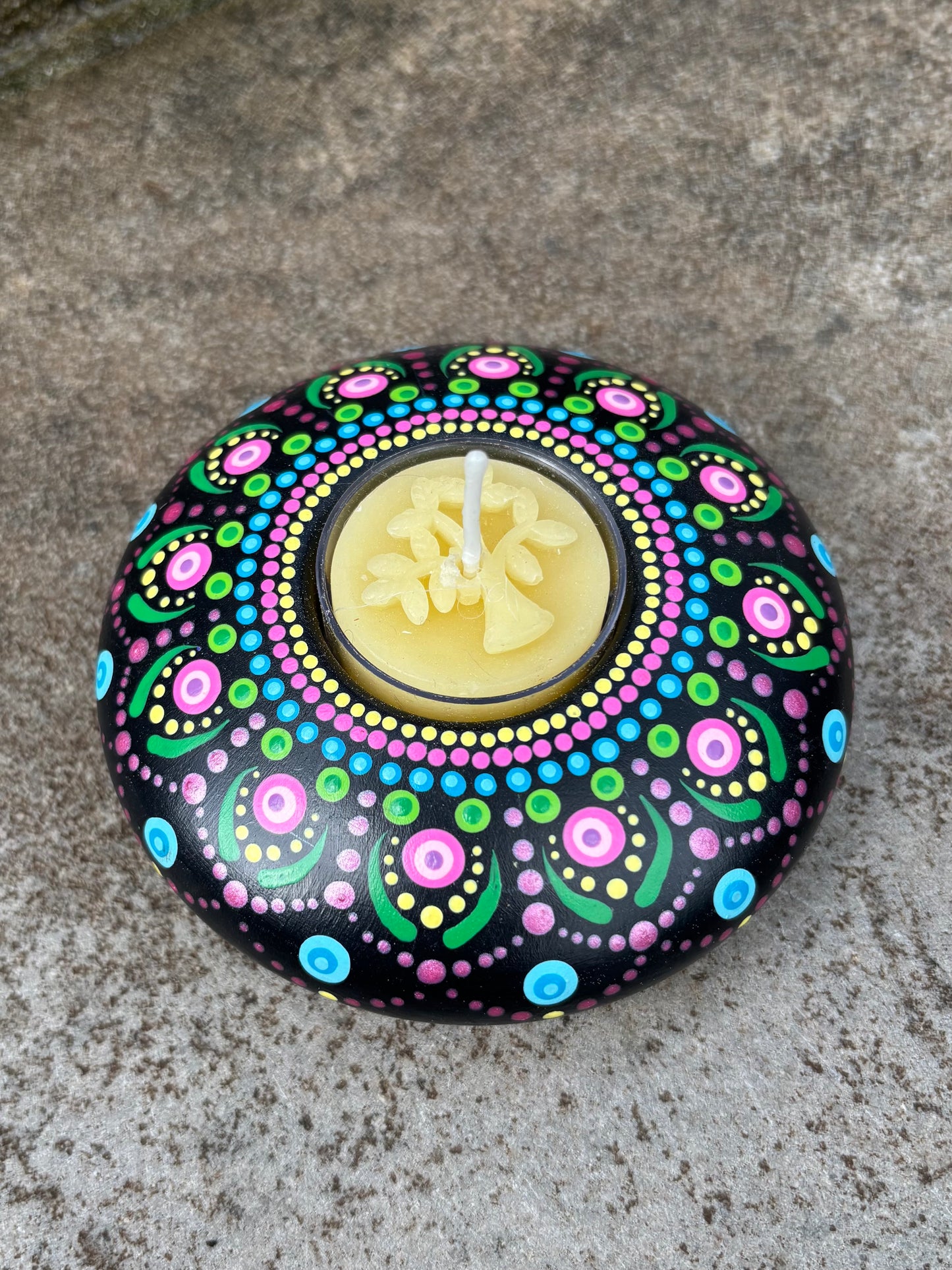 Concrete Mandala Tealight Tea Light Holder Pink Yellow Green Blue
