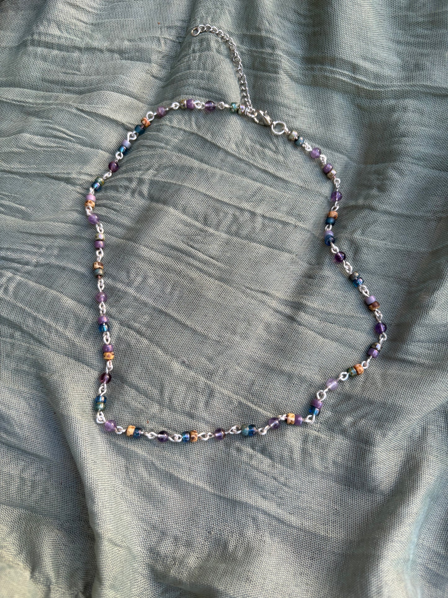 Semi-Precious Amethyst & Glass Bead Silver Chain Necklace-Choker