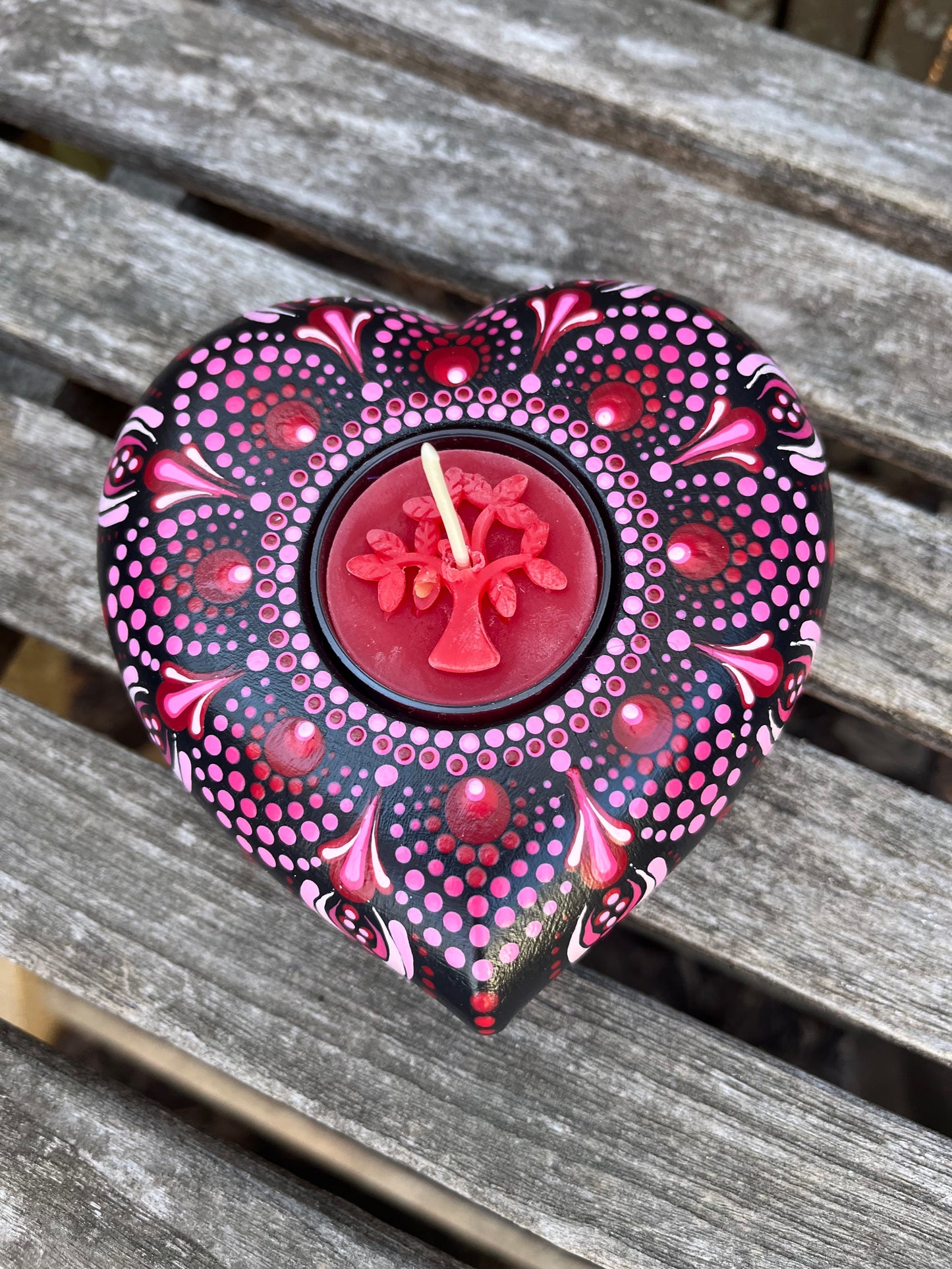 Concrete Heart Mandala Tealight Tea Light Holder Red Pink