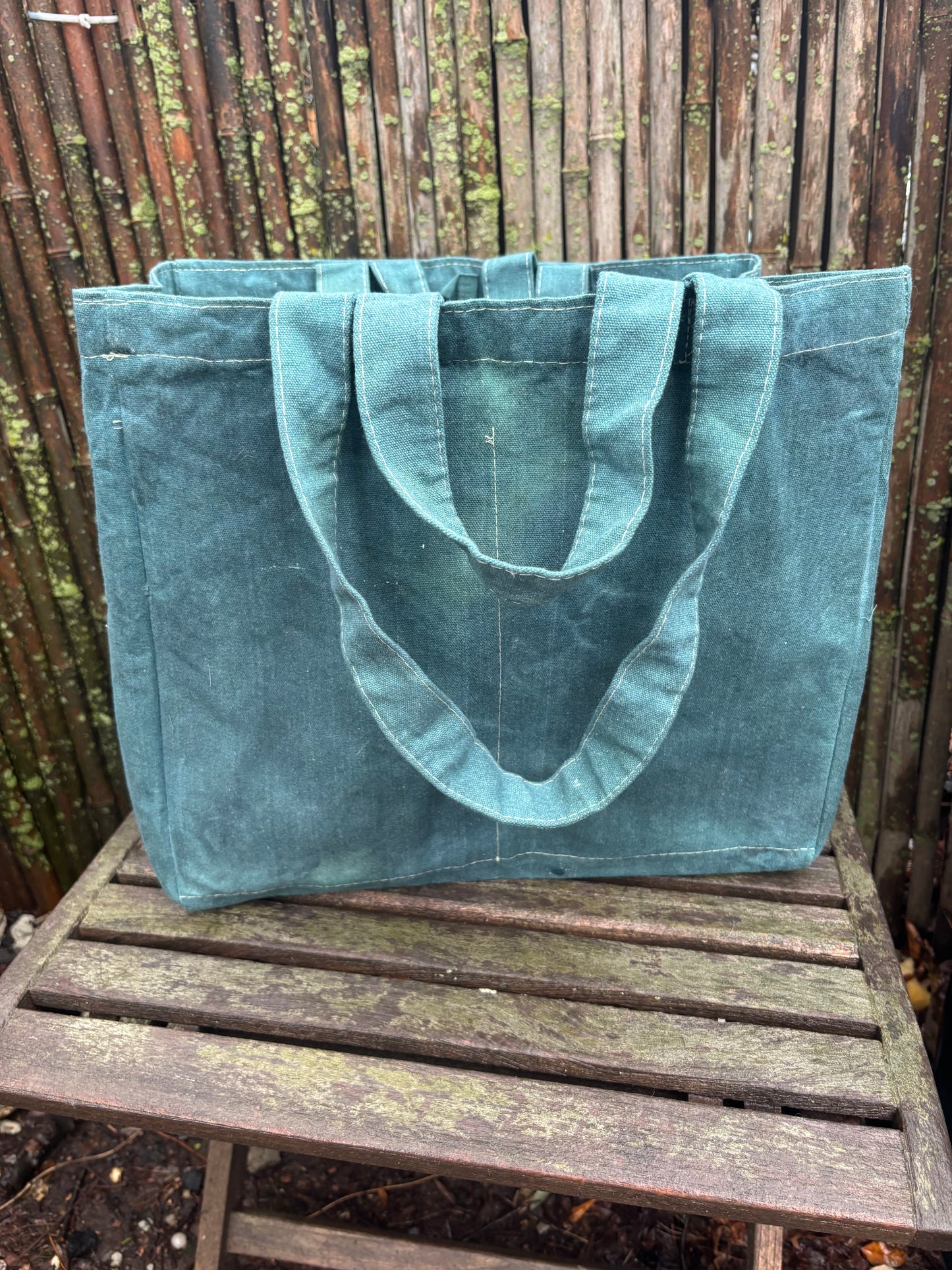 Extra Large Beeswax Waxed Canvas Tote Market Bag GREEN/TEAL