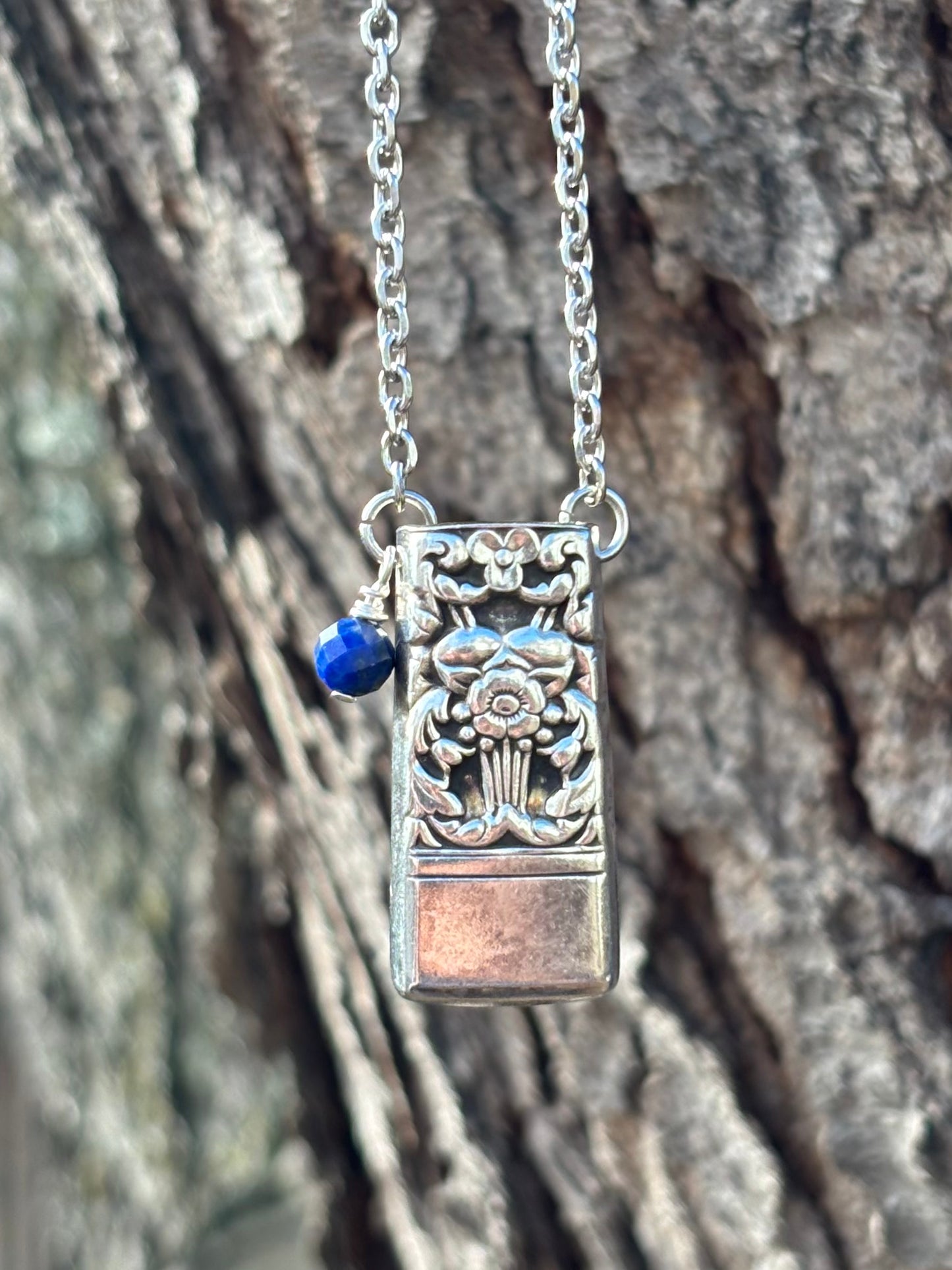 Up-Cycled Vintage Silverware Essential Oil Diffuser Pendant with Lapis Crystal