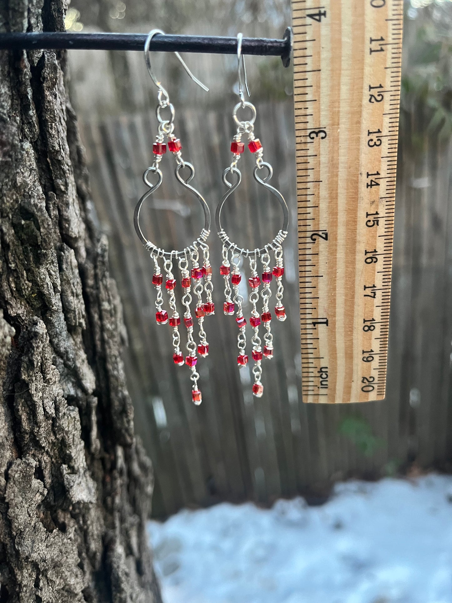 Silver Chandelier Earrings Red