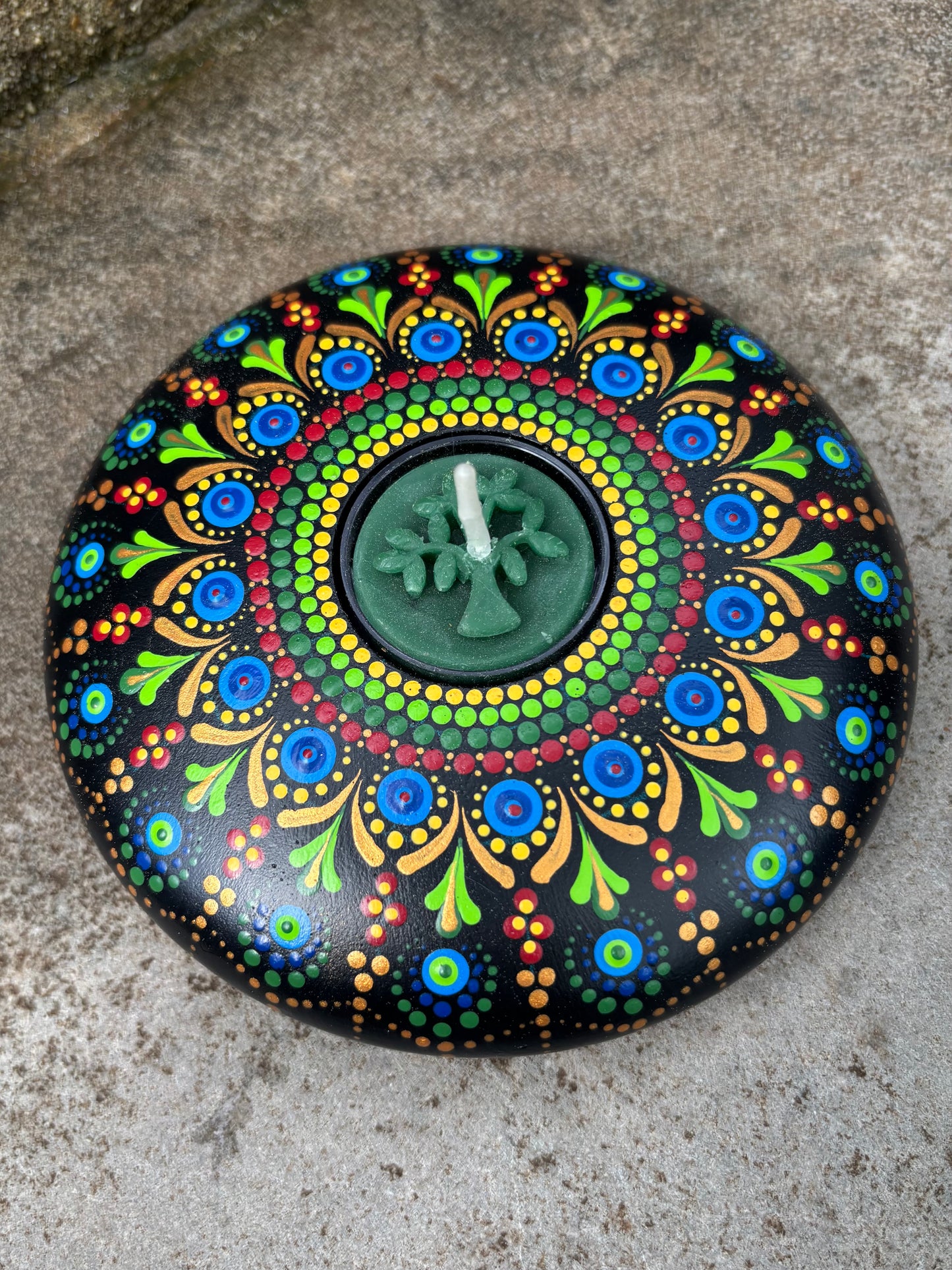Concrete Mandala Tealight Tea Light Holder Blue Red Green Gold LARGE
