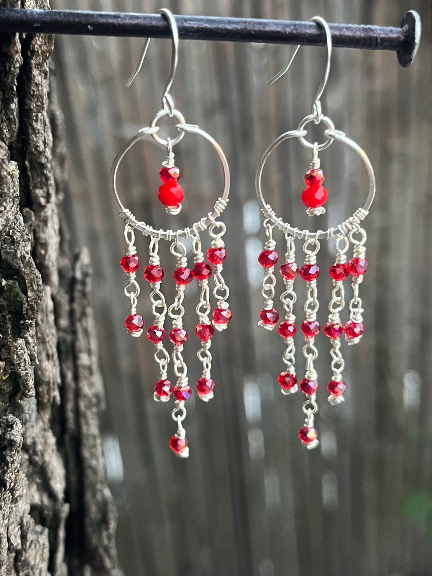 Silver Chandelier Earrings Red