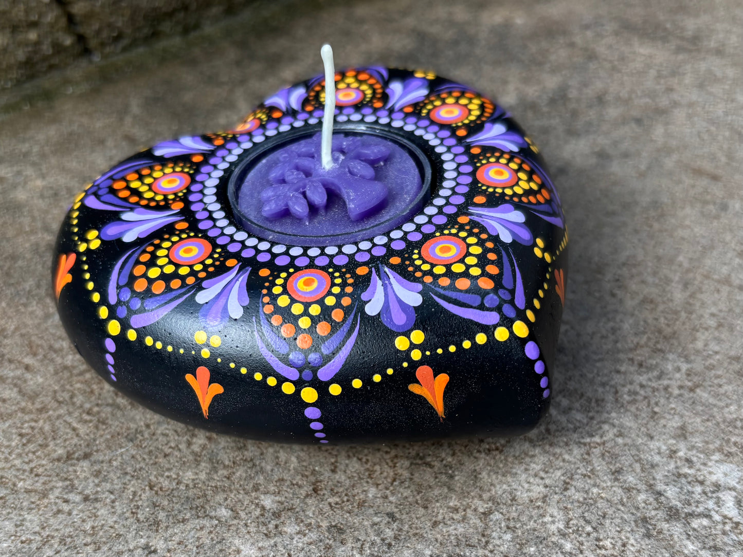 Concrete Heart Mandala Tealight Tea Light Holder Purple Orange