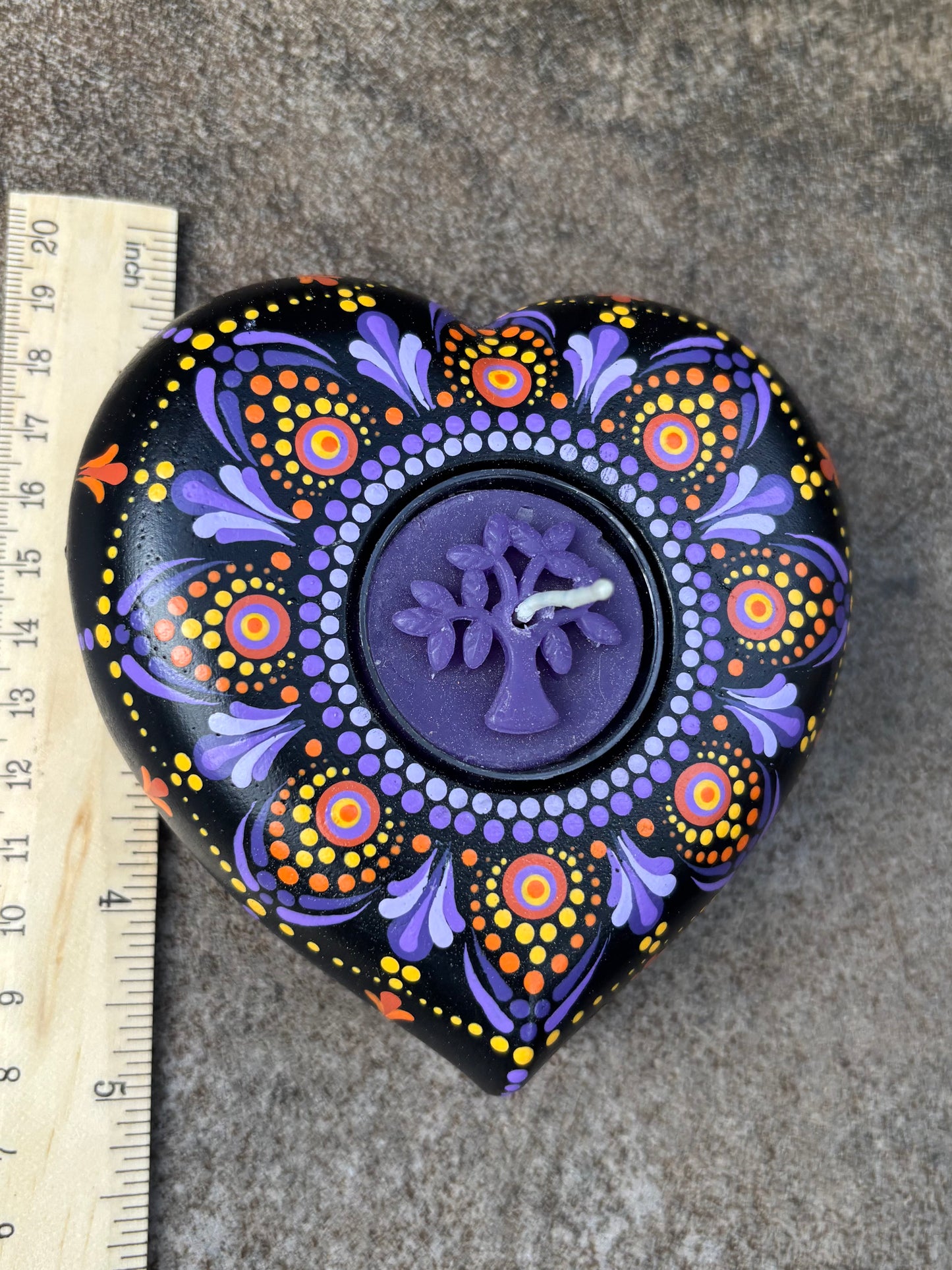 Concrete Heart Mandala Tealight Tea Light Holder Purple Orange