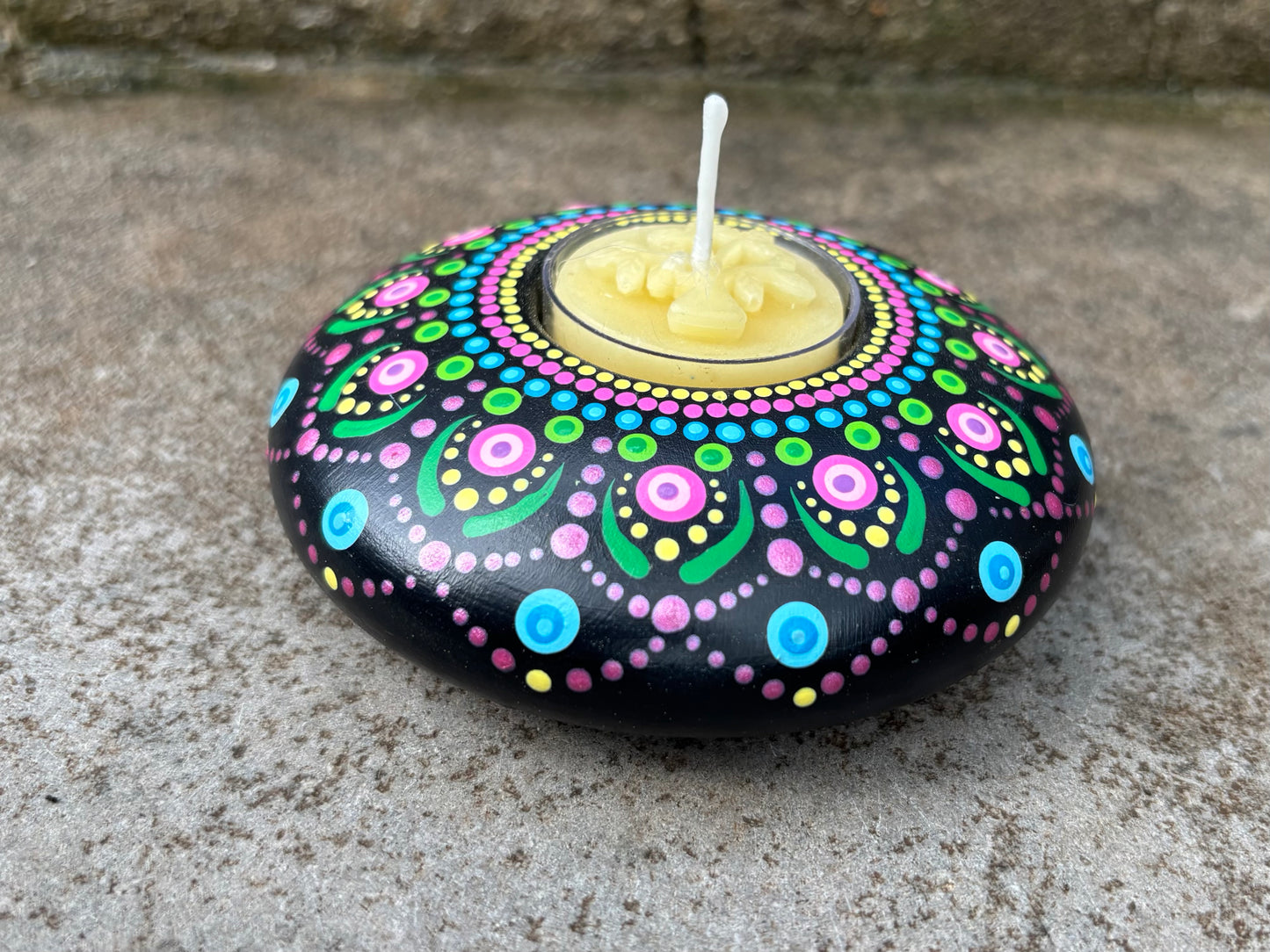 Concrete Mandala Tealight Tea Light Holder Pink Yellow Green Blue