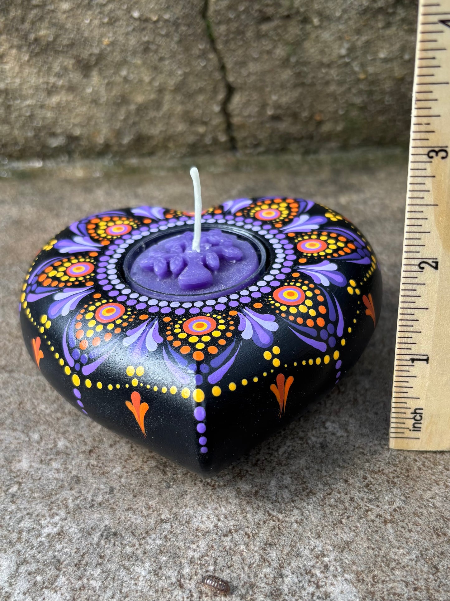 Concrete Heart Mandala Tealight Tea Light Holder Purple Orange
