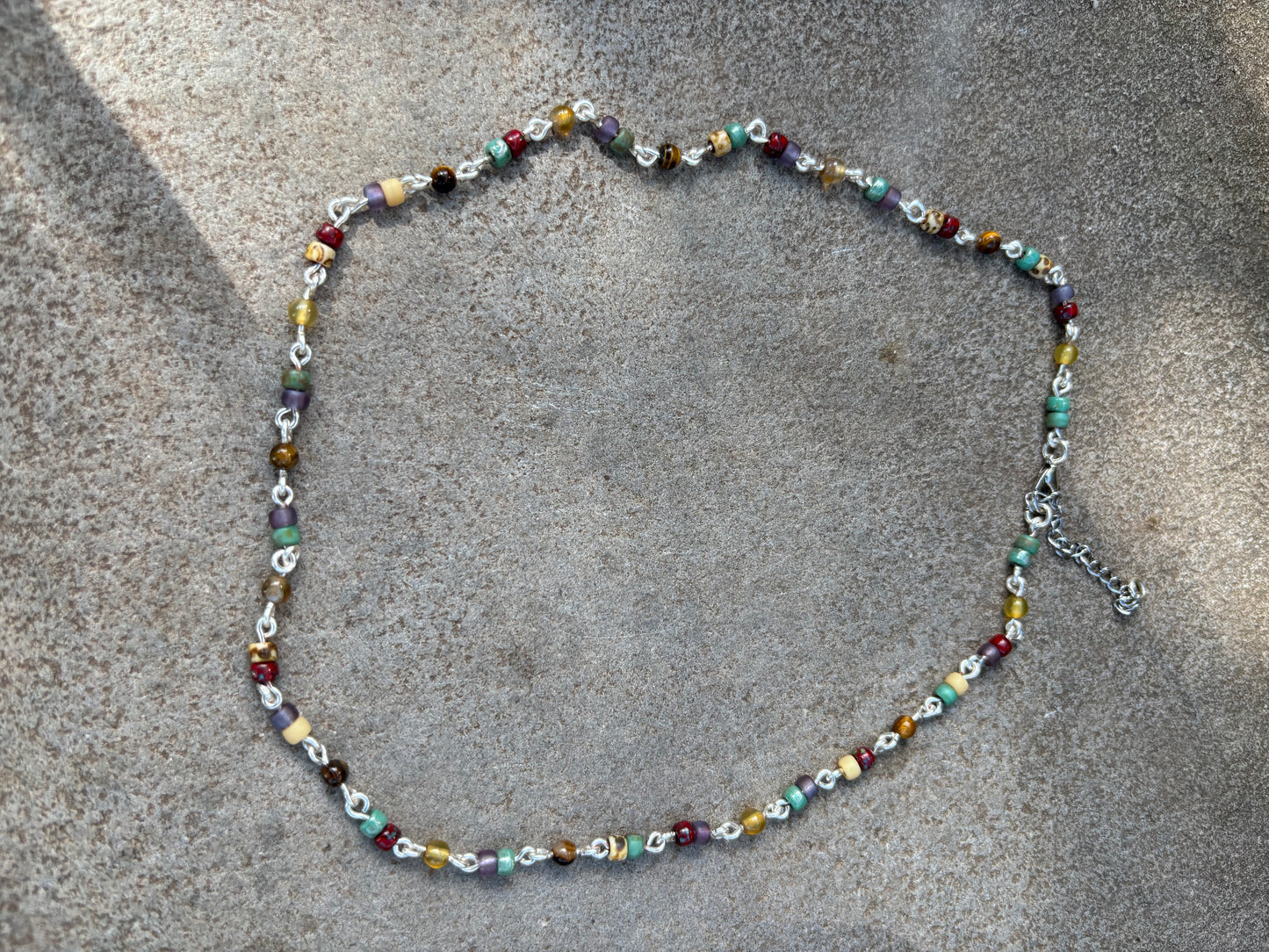 Semi-Precious Tigereye-Agate & Glass Bead Silver Chain Necklace-Choker