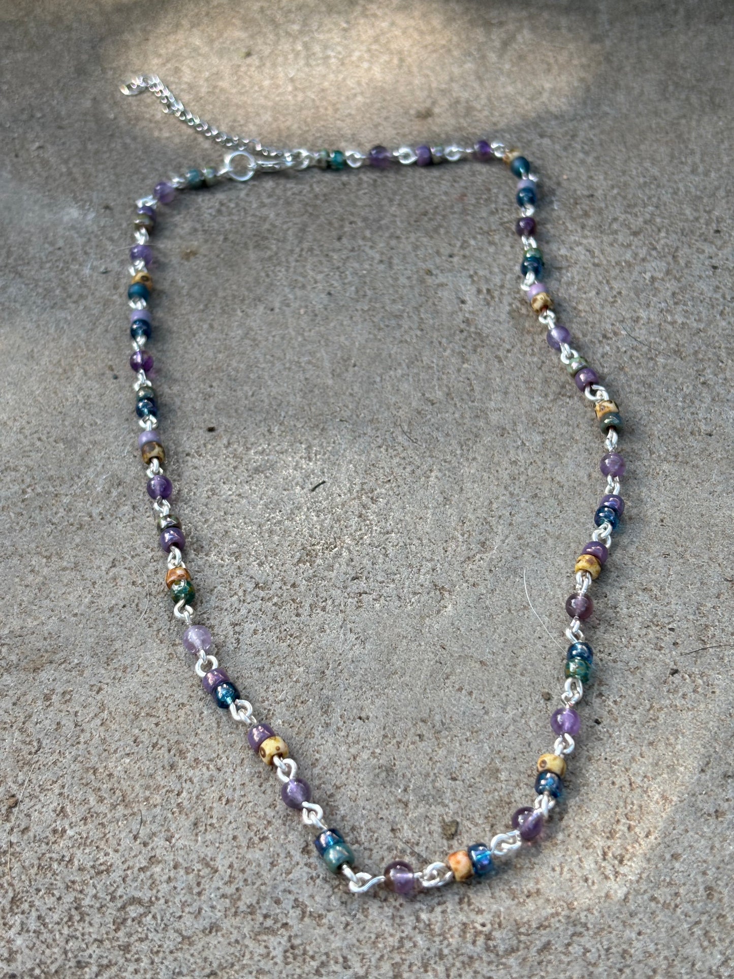 Semi-Precious Amethyst & Glass Bead Silver Chain Necklace-Choker