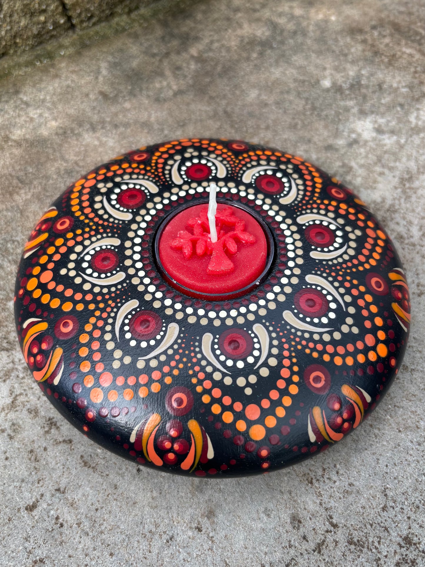 Concrete Mandala Tealight Tea Light Holder Red Orange Tan LARGE