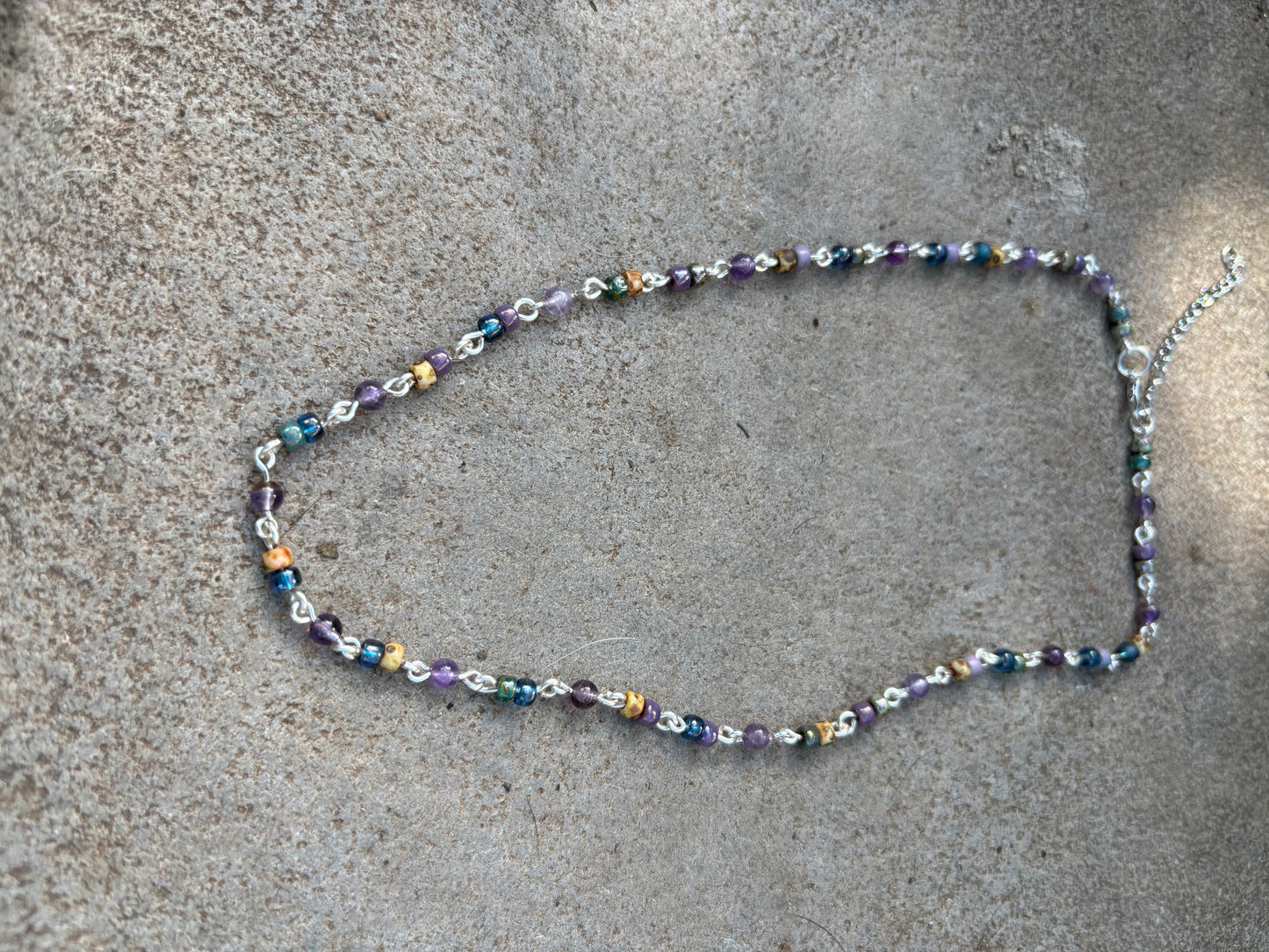 Semi-Precious Amethyst & Glass Bead Silver Chain Necklace-Choker