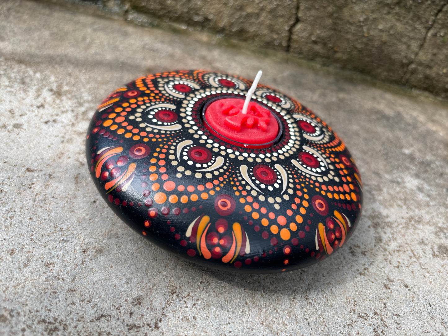 Concrete Mandala Tealight Tea Light Holder Red Orange Tan LARGE