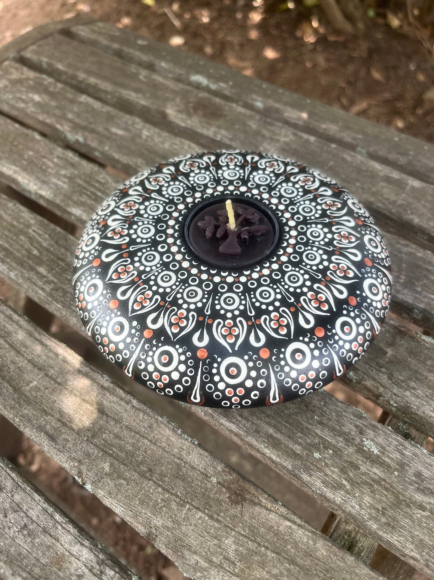 Concrete Mandala Tealight Tea Light Holder Black , White and Copper LARGE