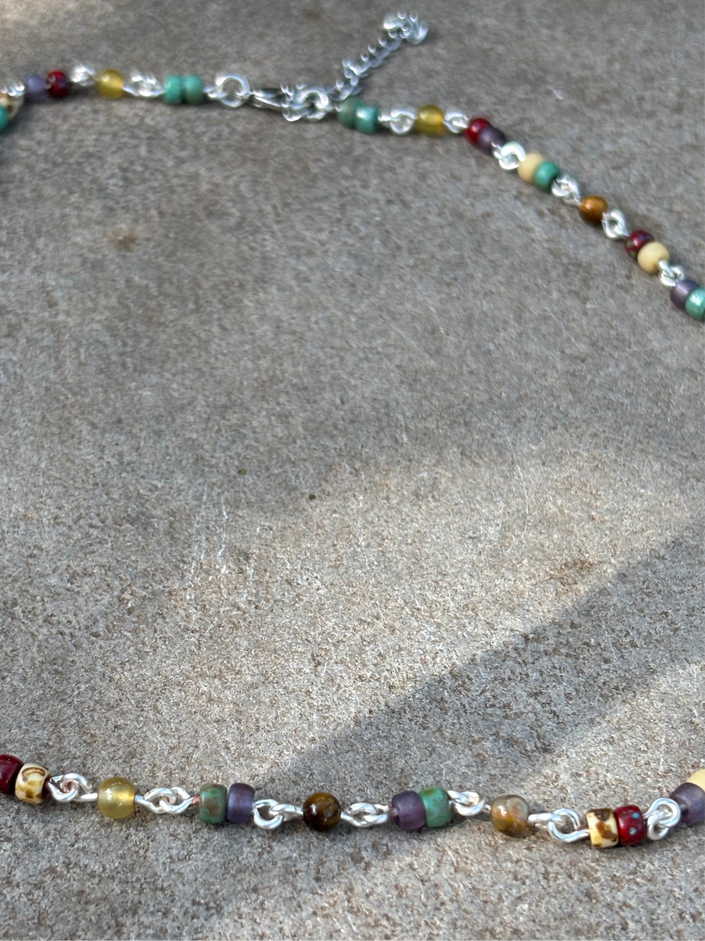 Semi-Precious Tigereye-Agate & Glass Bead Silver Chain Necklace-Choker