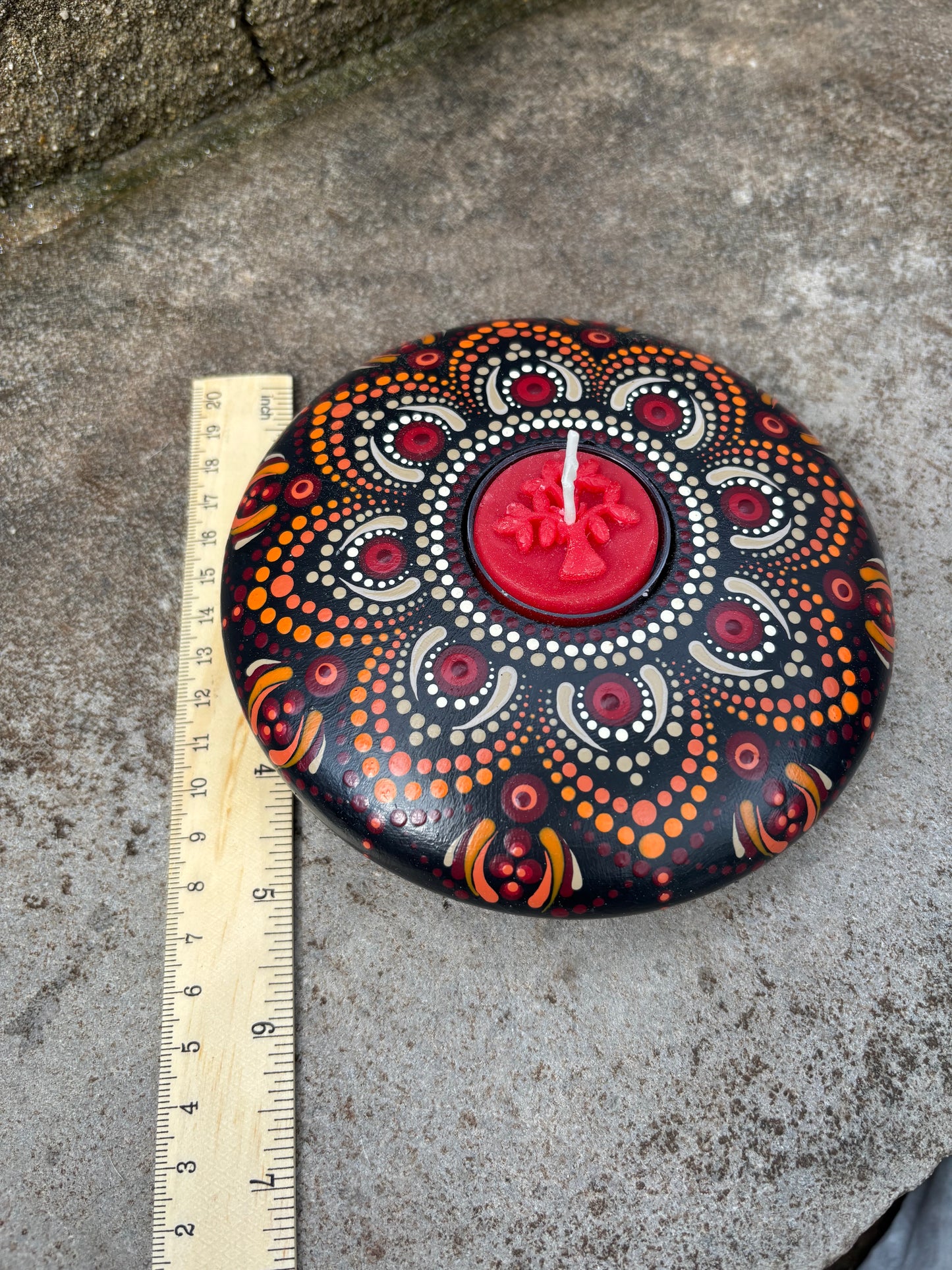 Concrete Mandala Tealight Tea Light Holder Red Orange Tan LARGE