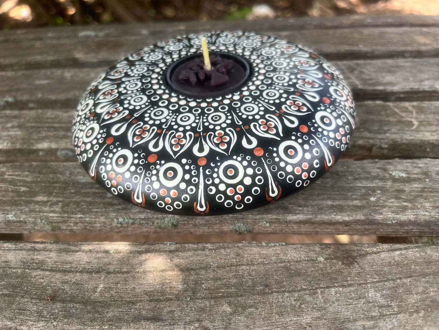 Concrete Mandala Tealight Tea Light Holder Black , White and Copper LARGE