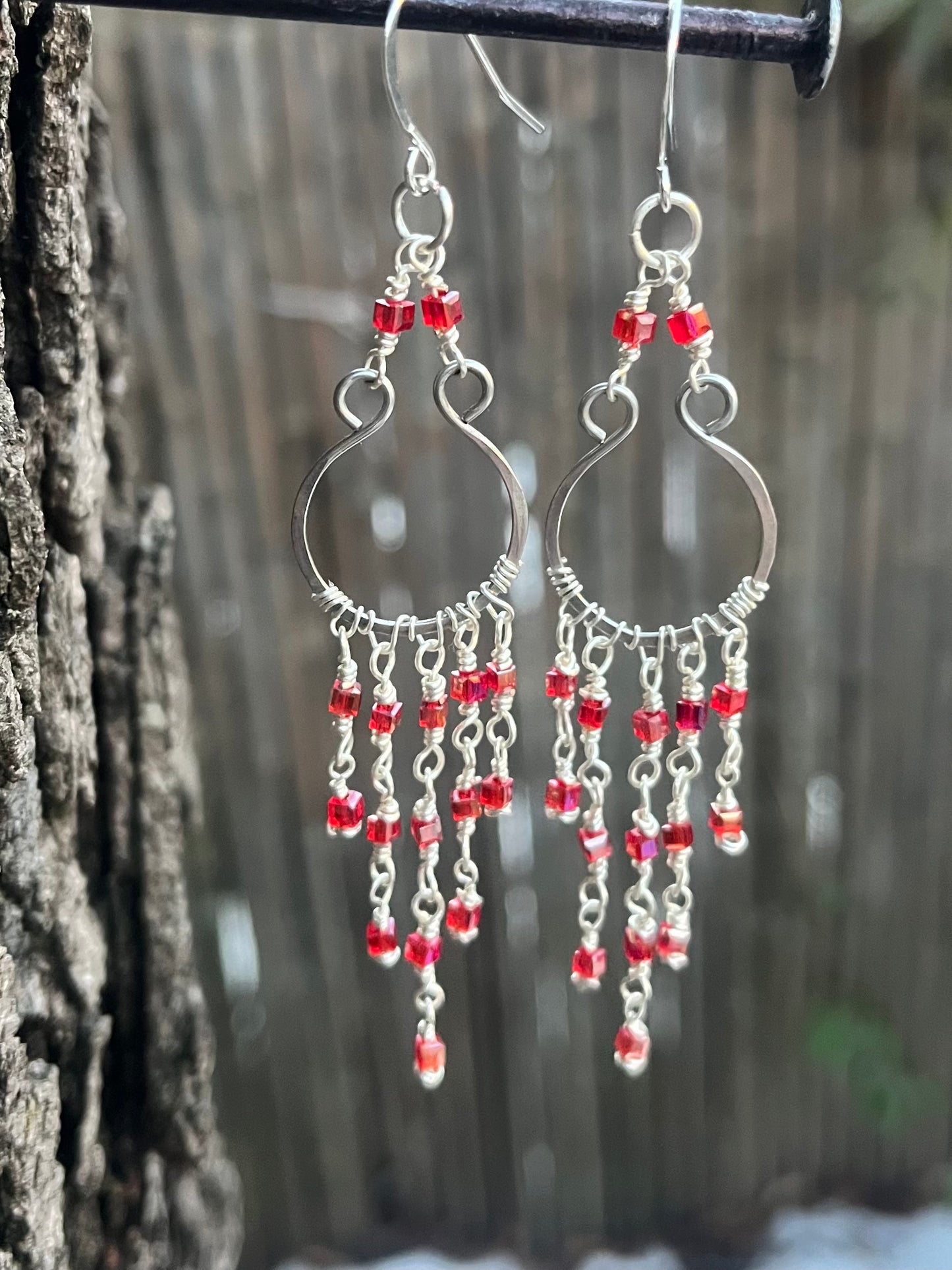 Silver Chandelier Earrings Red