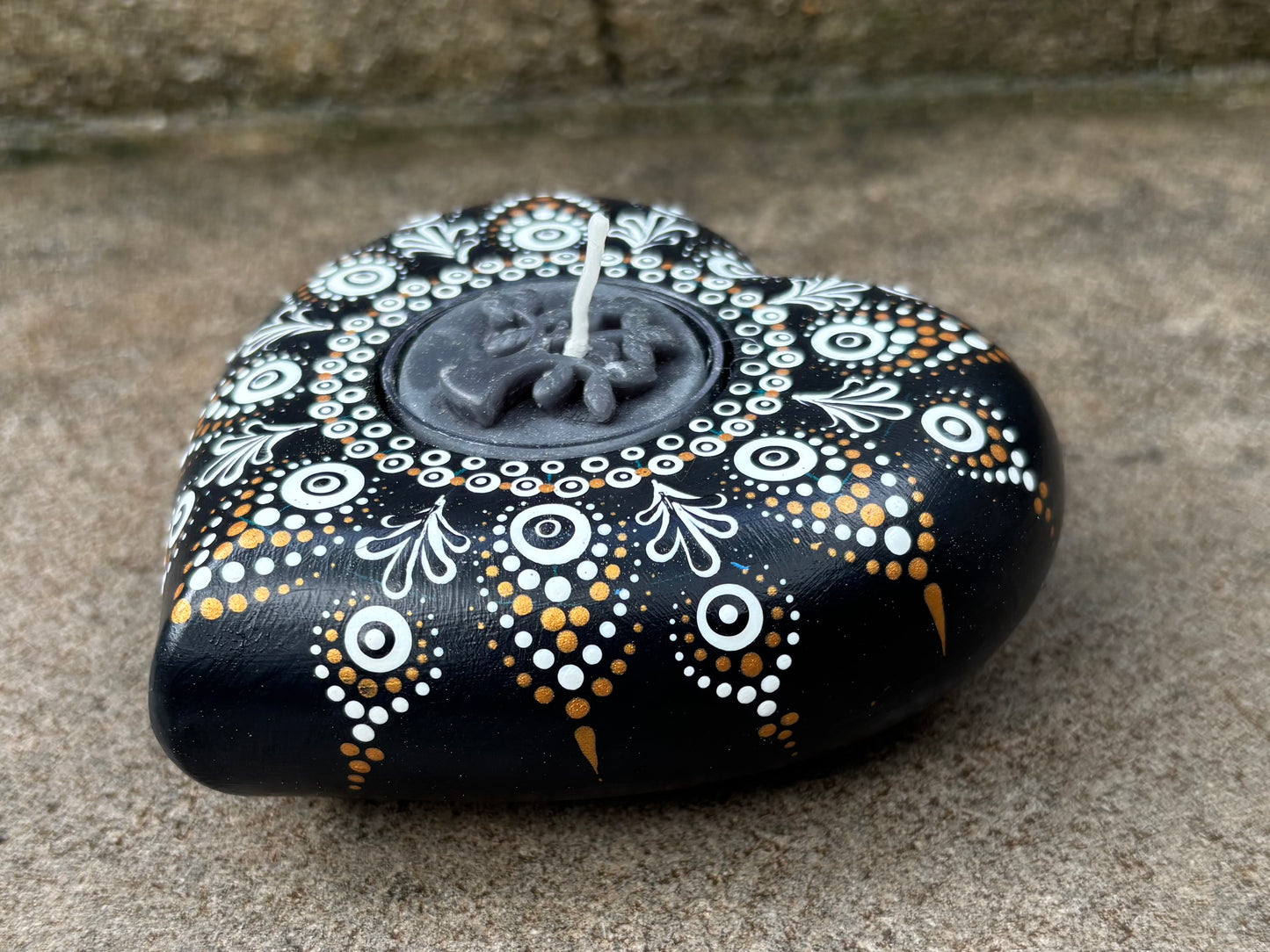 Concrete Heart Mandala Tealight Tea Light Holder Black and White