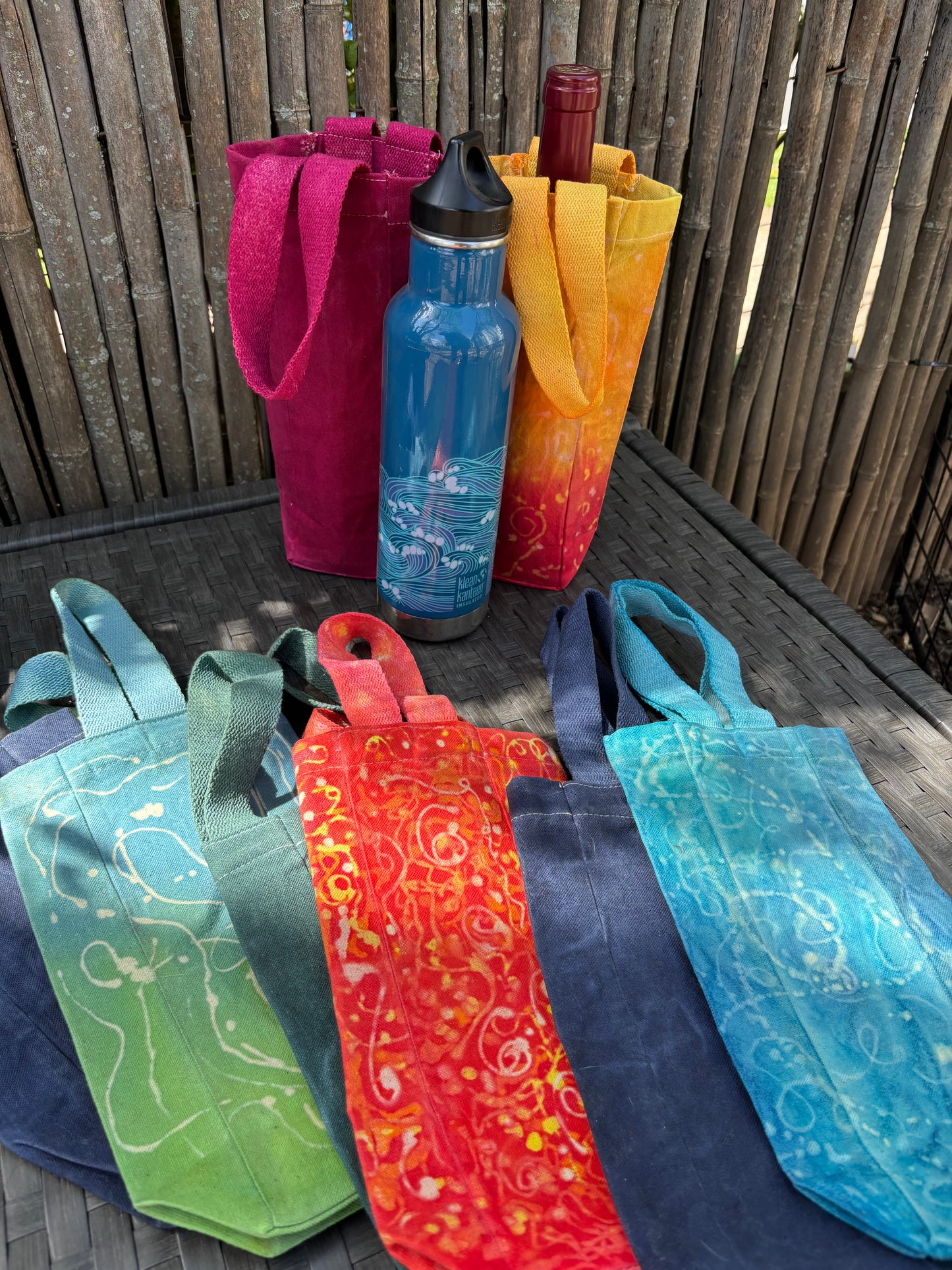 Beeswax 100% Cotton Canvas Wine/Water Bottle Tote Lt Green/Lt Blue