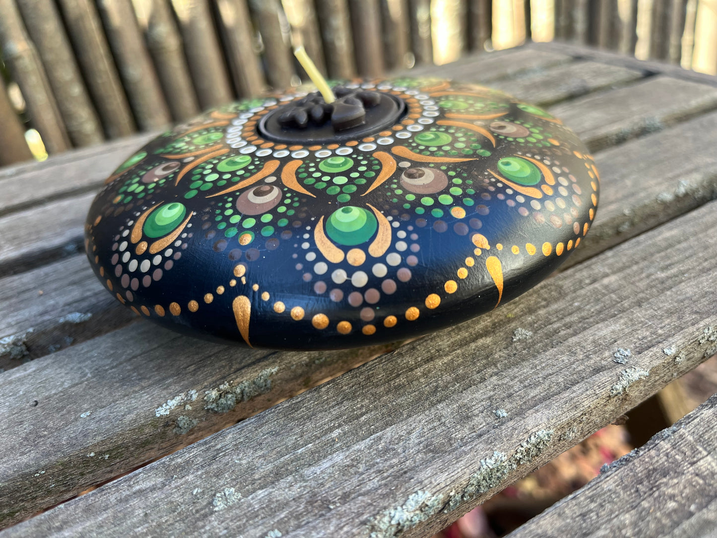 Concrete Mandala Tealight Tea Light Holder , Green, Brown and Gold LARGE