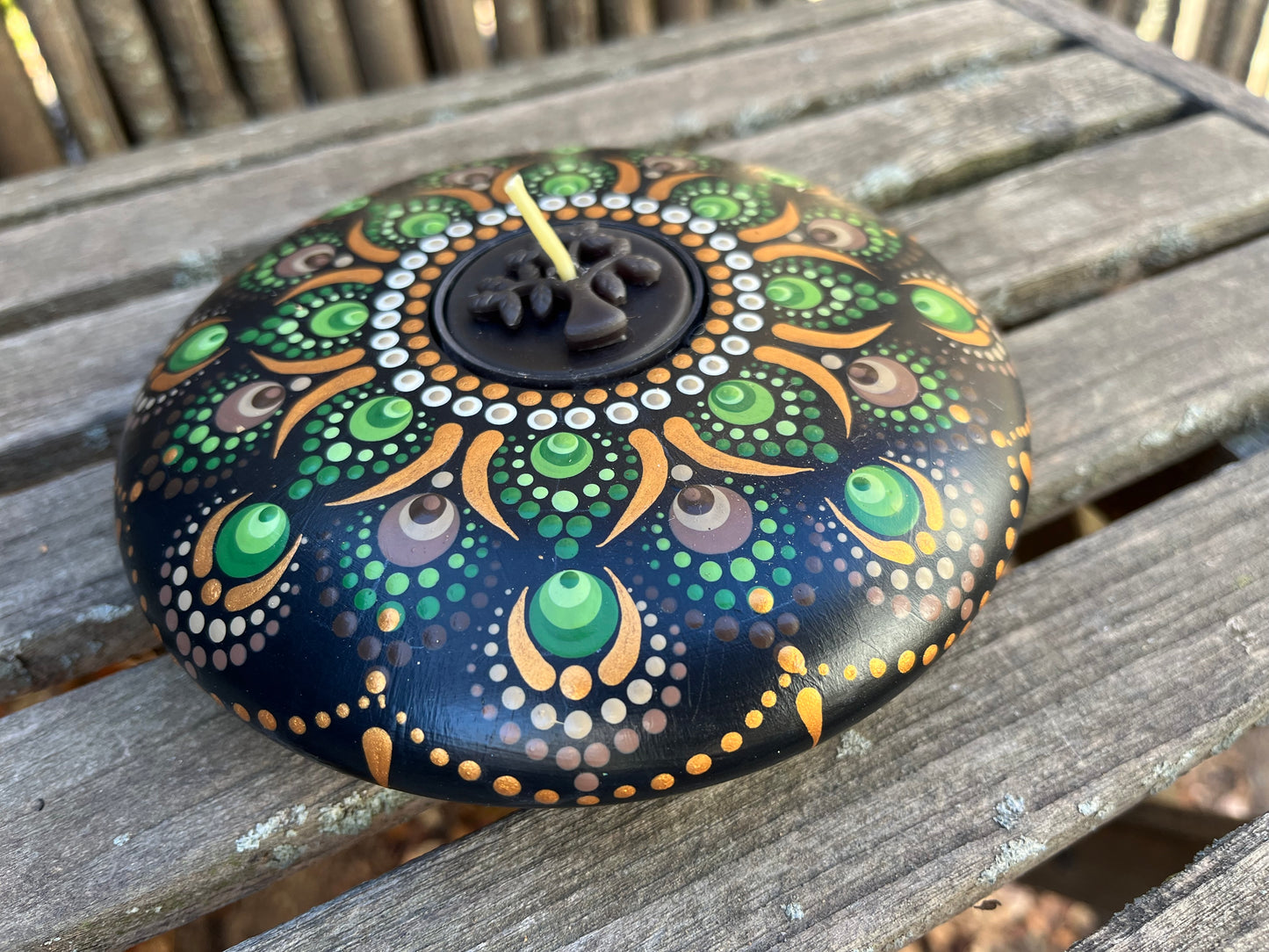 Concrete Mandala Tealight Tea Light Holder , Green, Brown and Gold LARGE