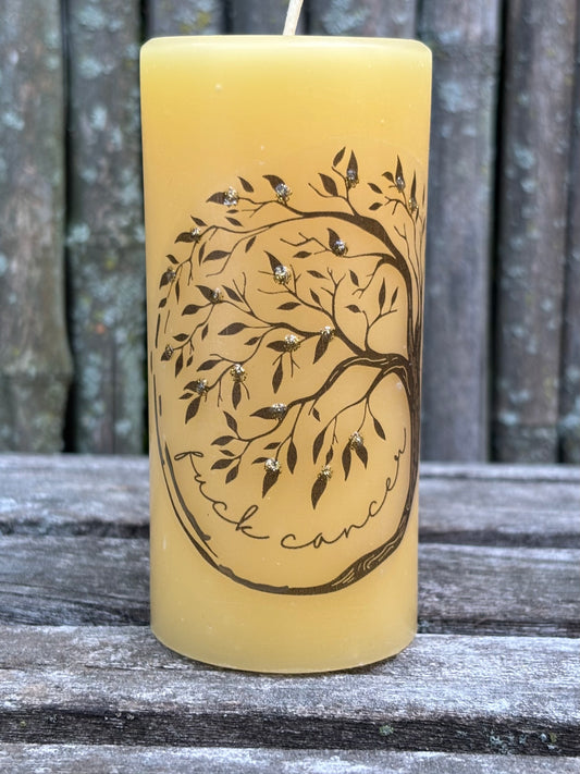 Decorated 100% PURE Beeswax Candle - Pillar- Fuck Cancer