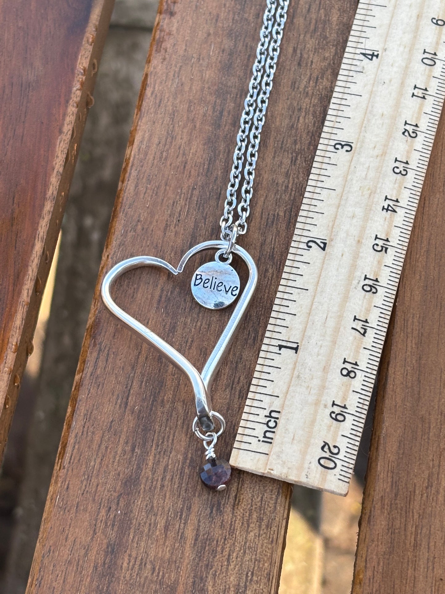Up-Cycled Vintage Silverware Open Heart Pendant Believe