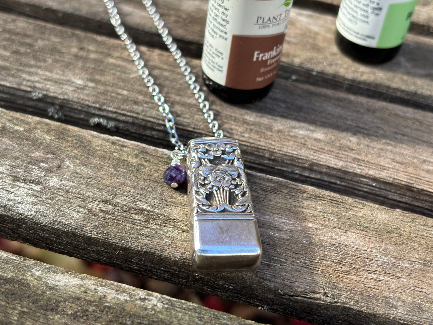 Up-Cycled Vintage Silverware Essential Oil Diffuser Pendant with Amethyst Crystal