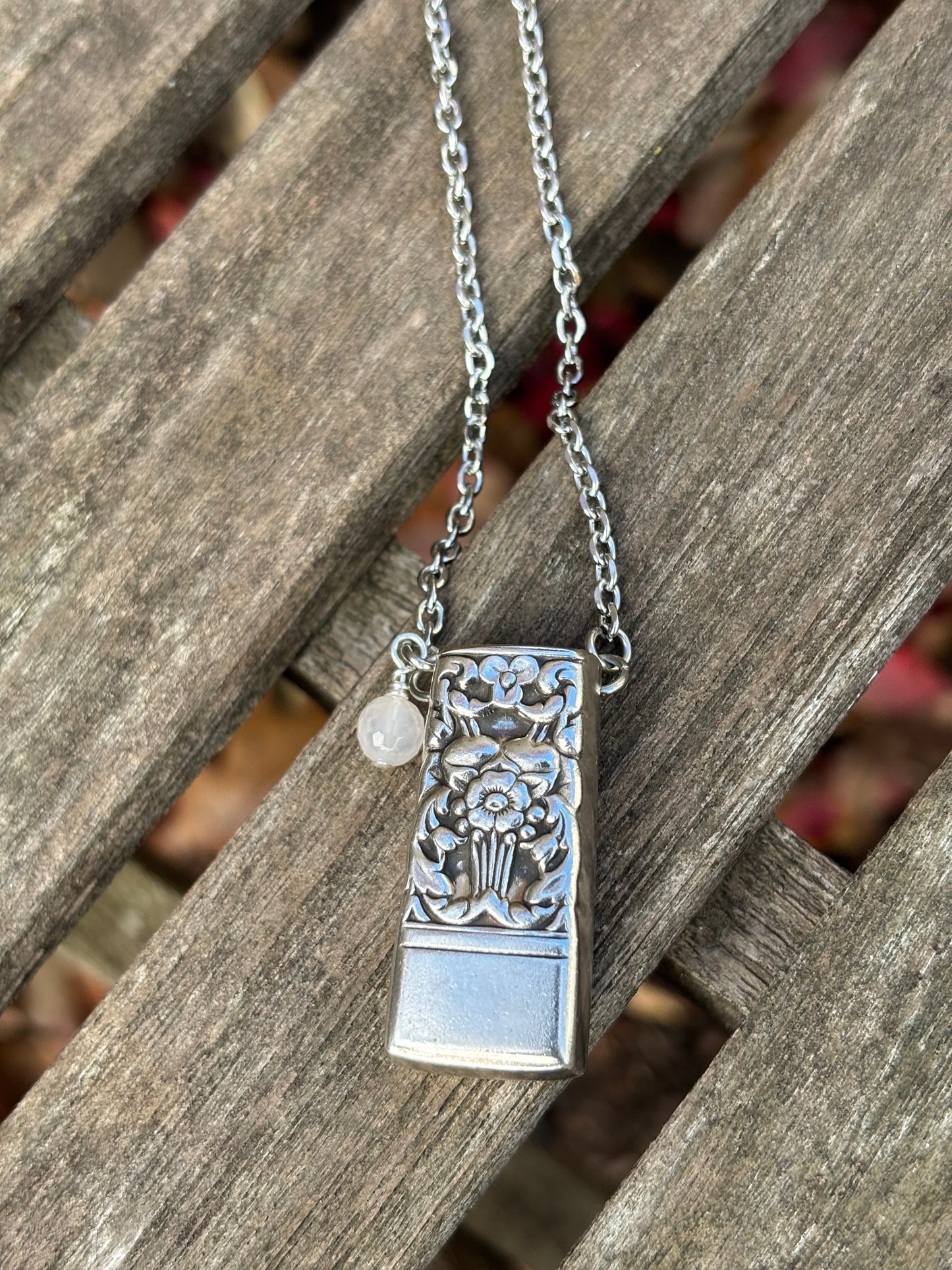 Up-Cycled Vintage Silverware Essential Oil Diffuser Pendant with Rose Quartz Crystal