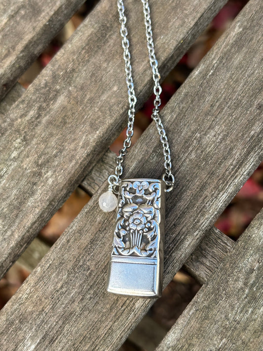 Up-Cycled Vintage Silverware Essential Oil Diffuser Pendant with Rose Quartz Crystal