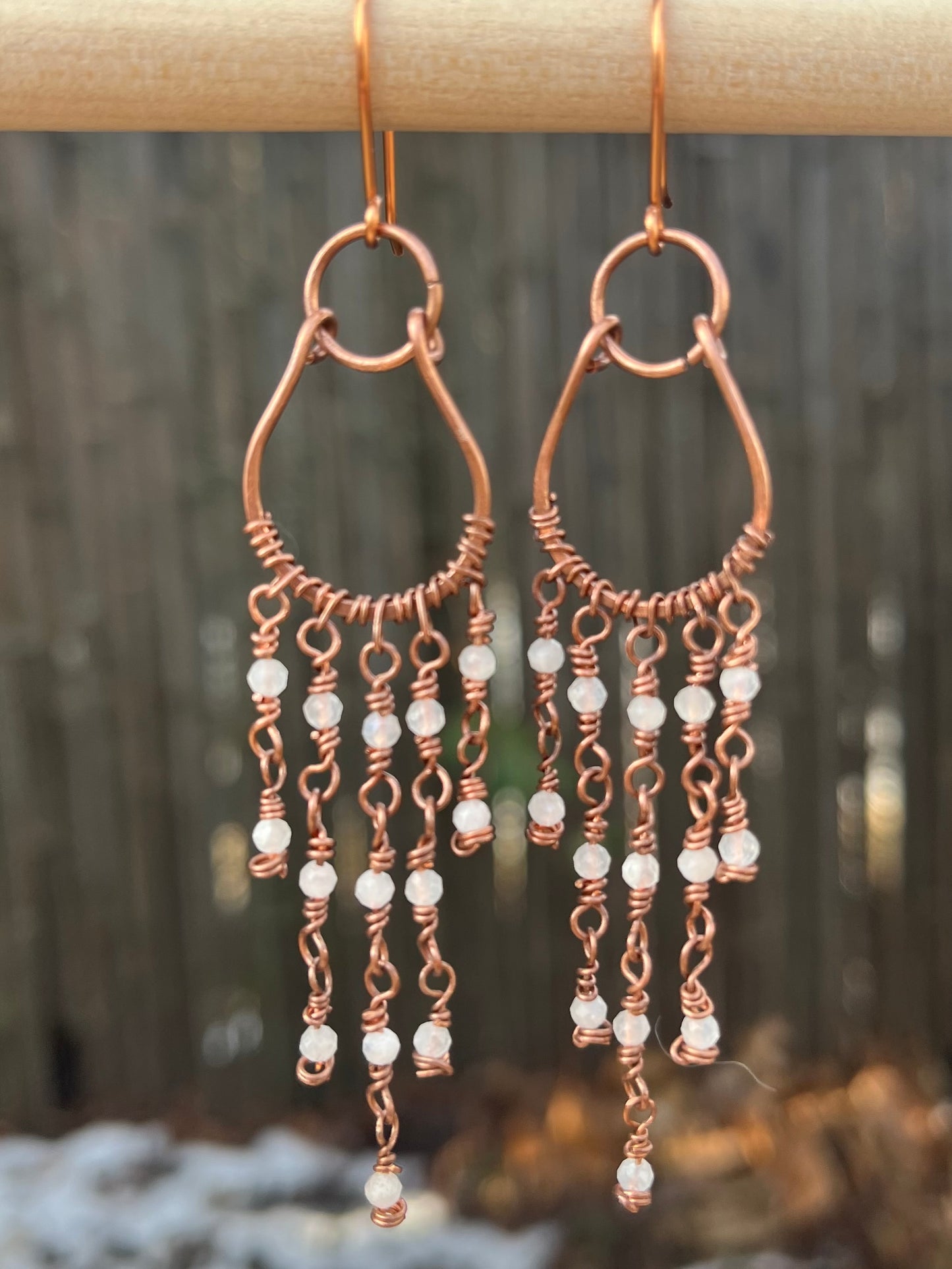 Copper Wire Chandelier Earrings Czech Moonstone Beads