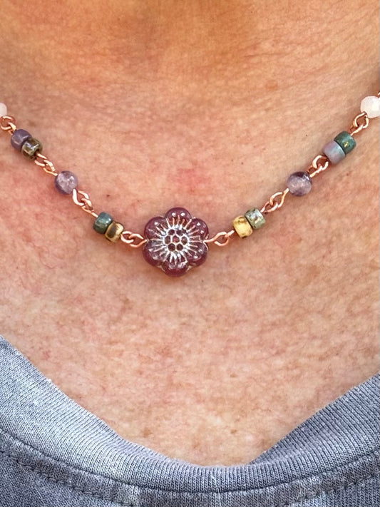 Semi-Precious & Czech Glass Copper Chain Necklace-Choker
