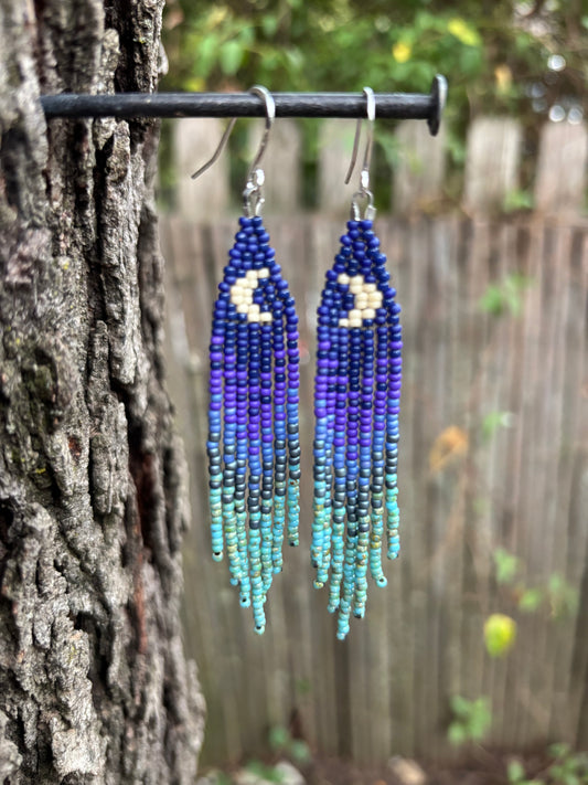 Glass Beaded Fringe Moon Earrings