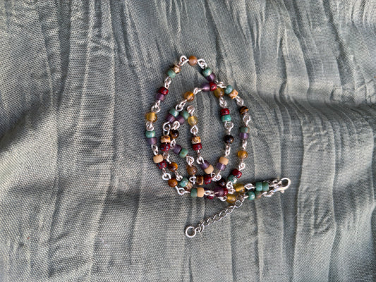 Semi-Precious Tigereye-Agate & Glass Bead Silver Chain Necklace-Choker