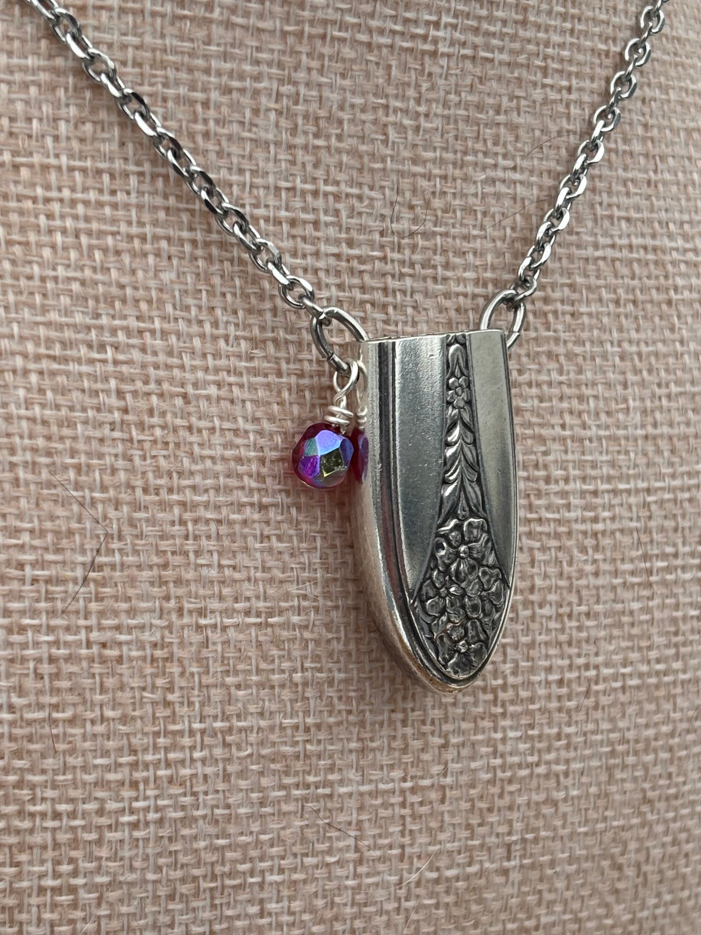 Up-Cycled Vintage Silverware Essential Oil Diffuser Pendant with Red Crystal