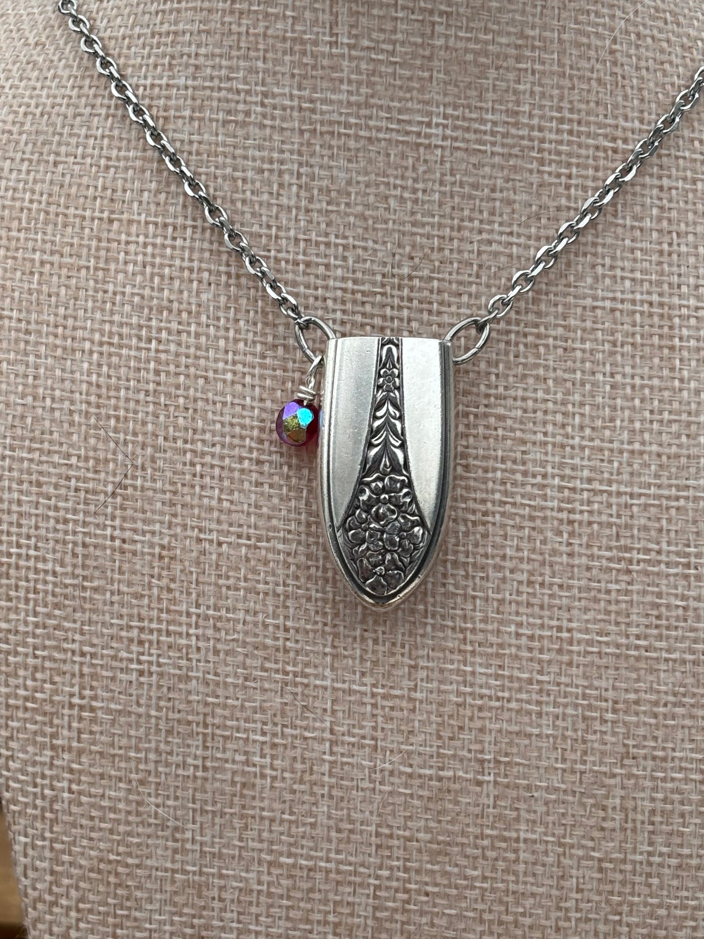 Up-Cycled Vintage Silverware Essential Oil Diffuser Pendant with Red Crystal