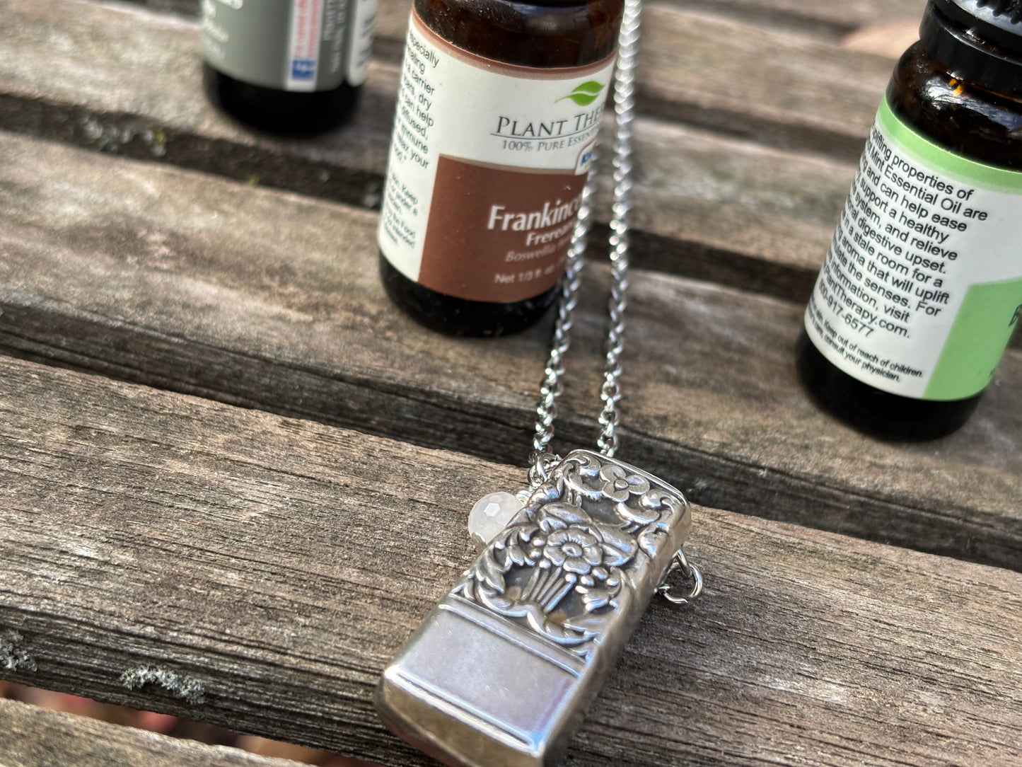 Up-Cycled Vintage Silverware Essential Oil Diffuser Pendant with Rose Quartz Crystal