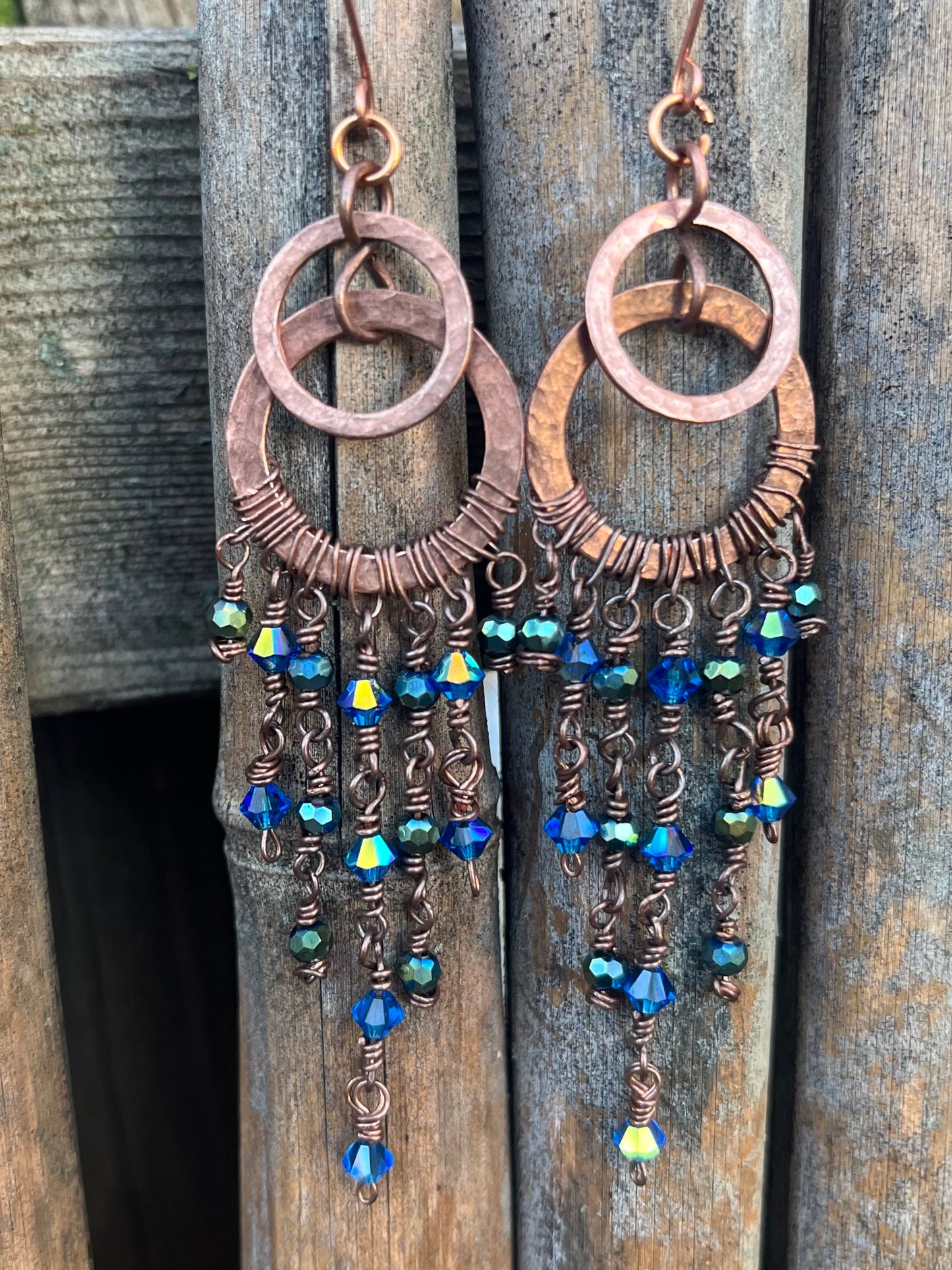 Copper Wire Chandelier Earrings Blue Large