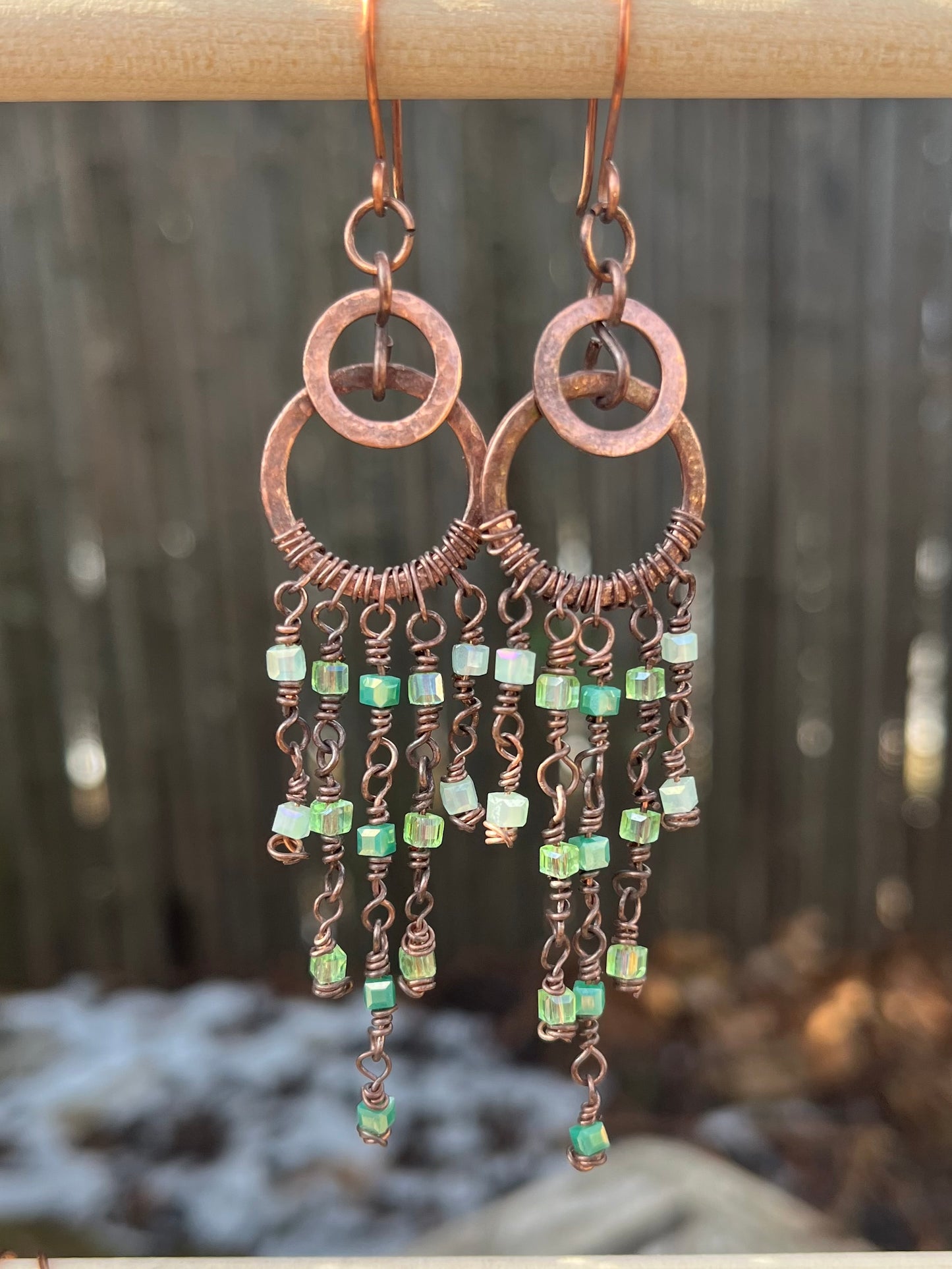 Copper Wire Chandelier Earrings Green