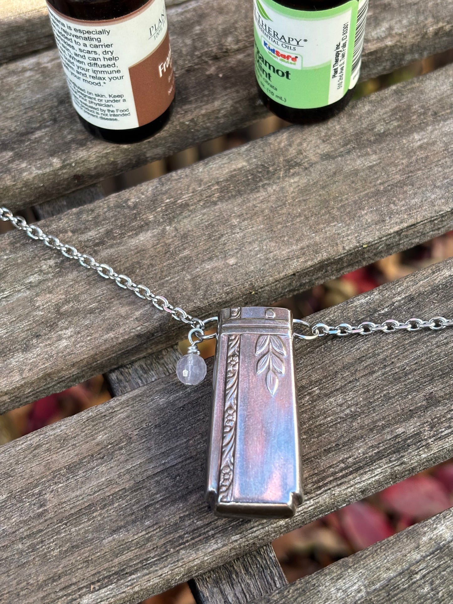Up-Cycled Vintage Silverware Essential Oil Diffuser Pendant with Rose Quartz Crystal