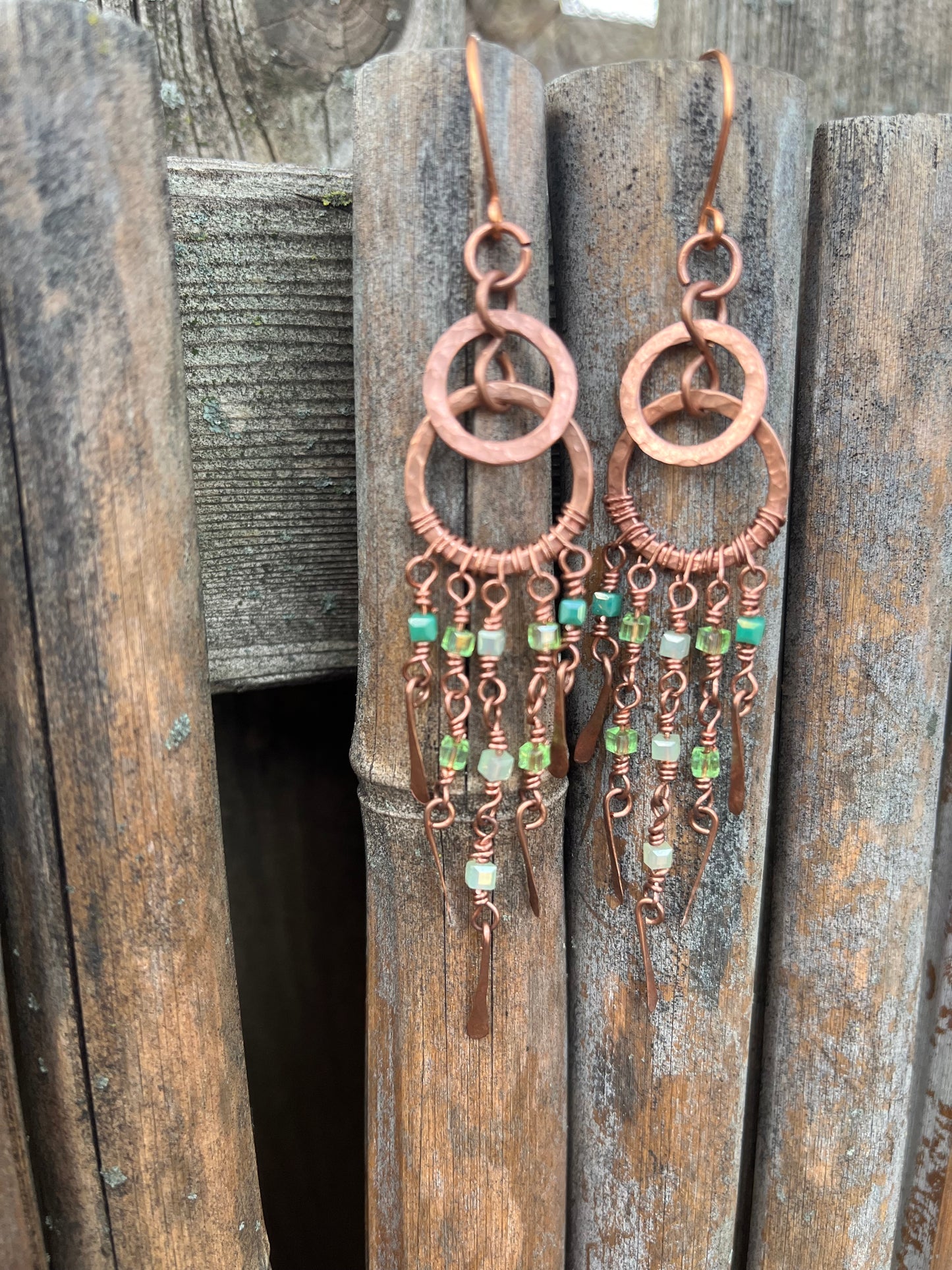 Copper Wire Chandelier Earrings Green