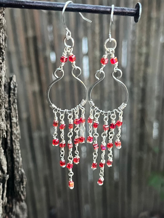 Silver Chandelier Earrings Red