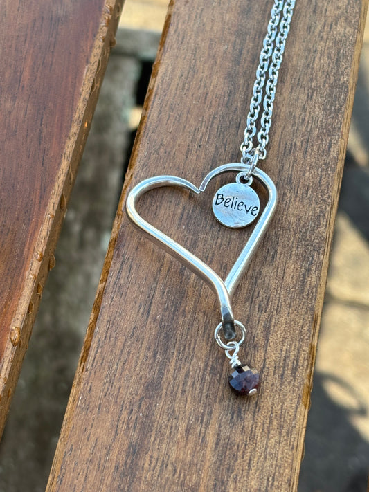 Up-Cycled Vintage Silverware Open Heart Pendant Believe