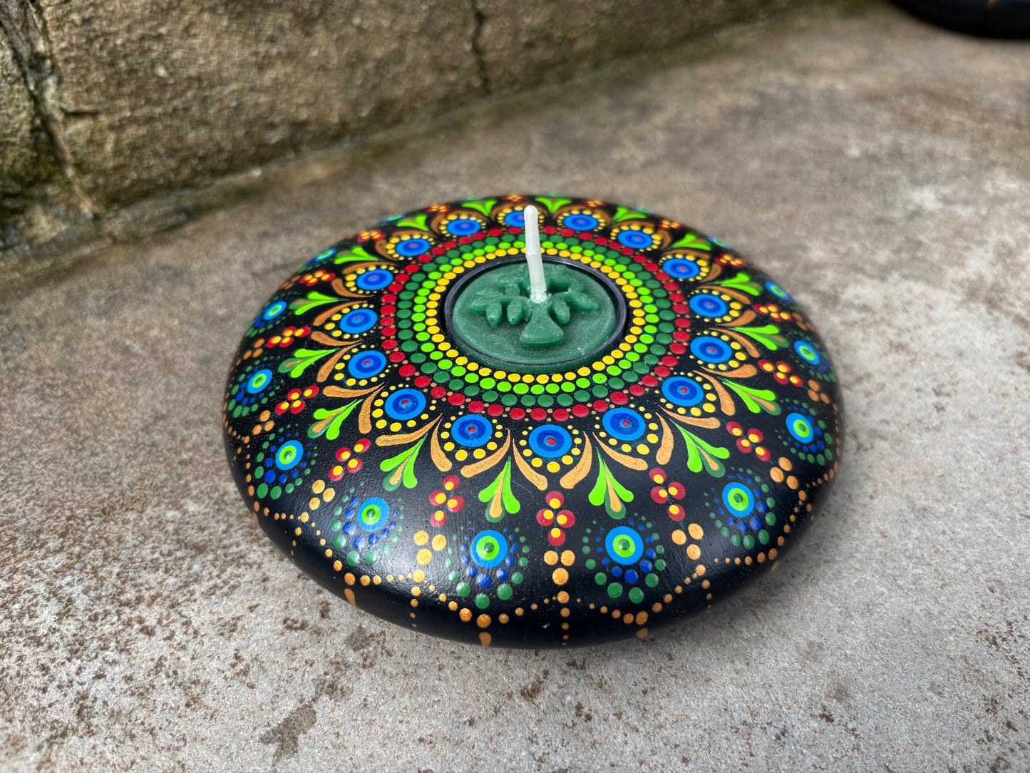 Concrete Mandala Tealight Tea Light Holder Blue Red Green Gold LARGE