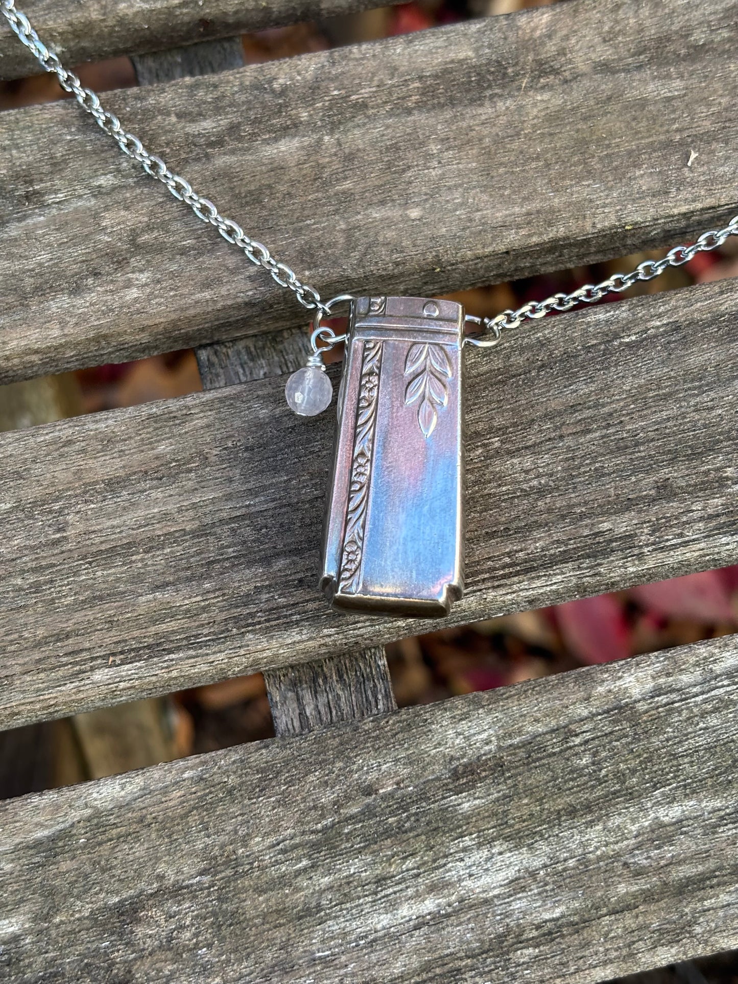 Up-Cycled Vintage Silverware Essential Oil Diffuser Pendant with Rose Quartz Crystal